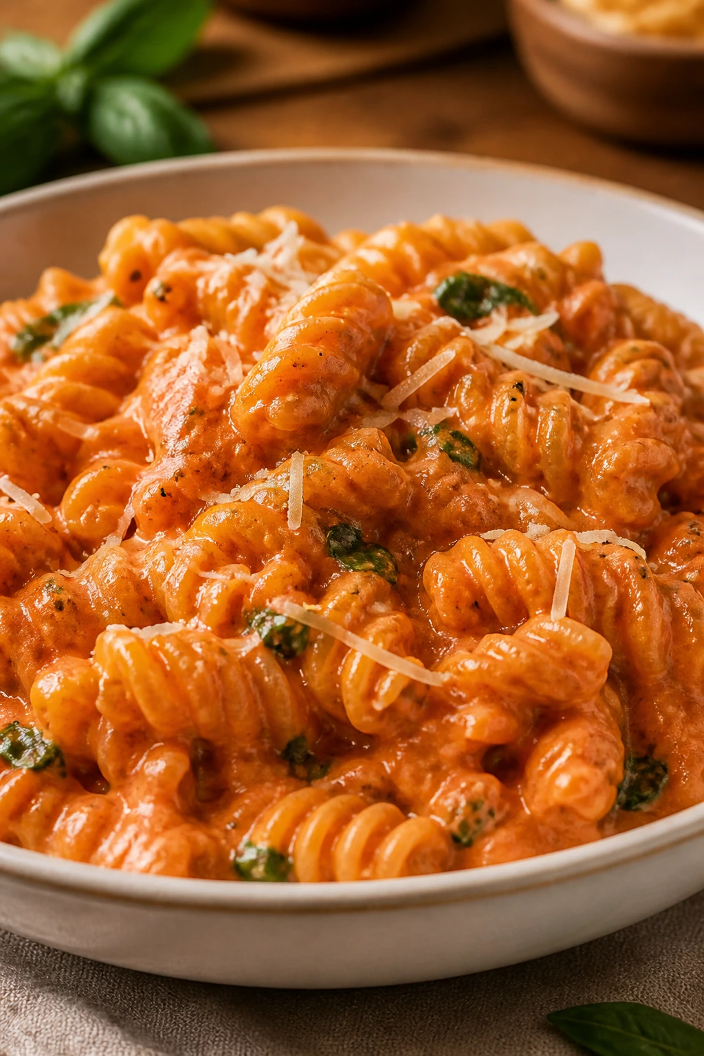 Close-up of creamy tomato basil pasta on a plate