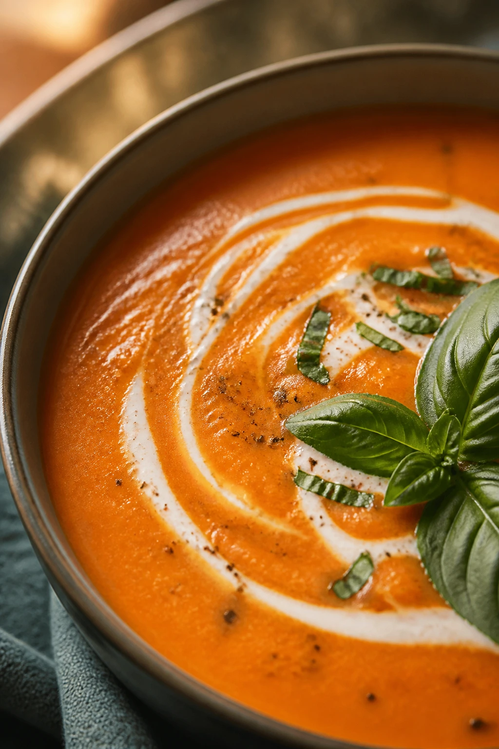 Creamy tomato basil soup with cream swirl and basil leaves