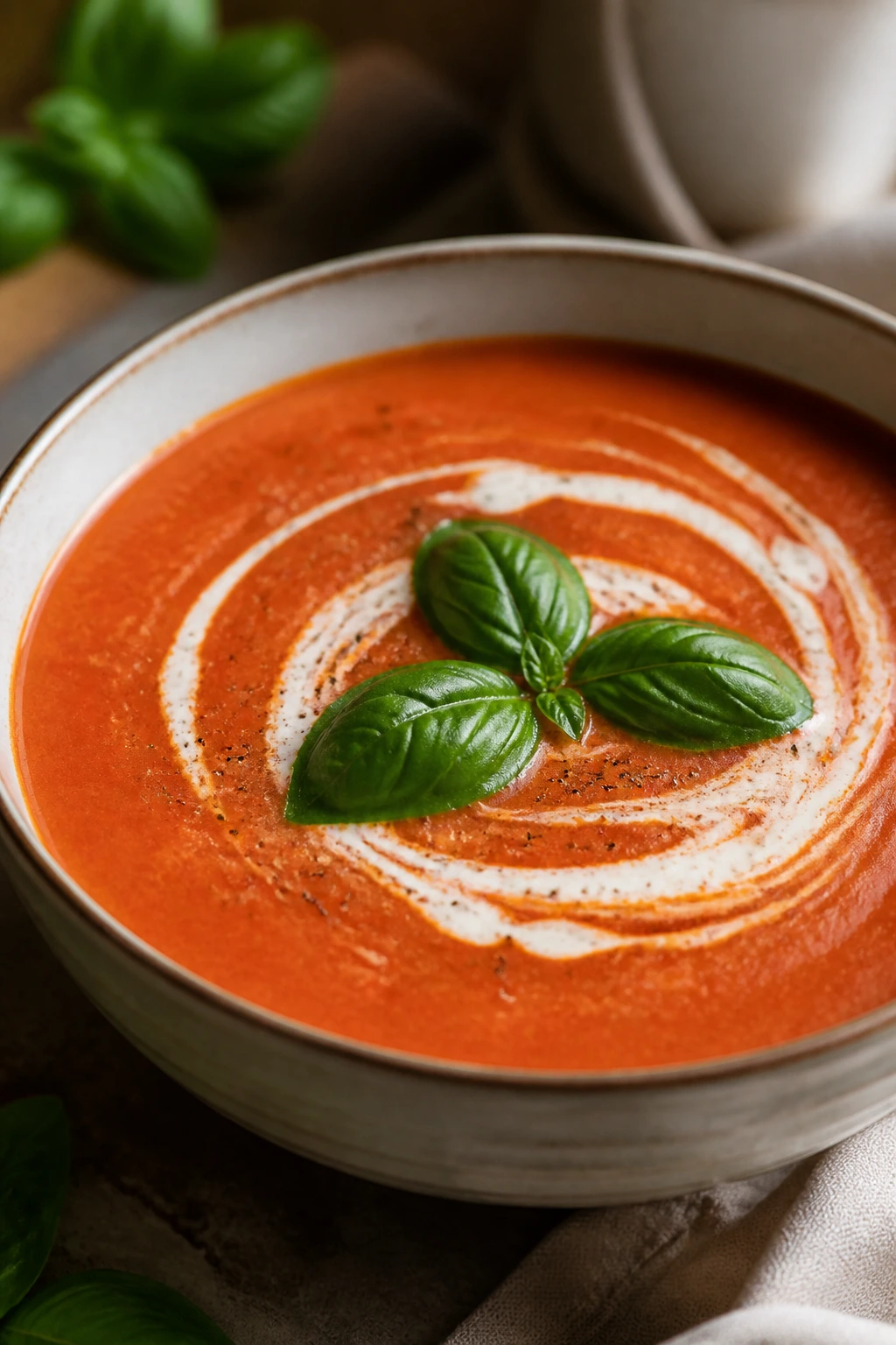 Close-up of creamy tomato basil soup with basil on top