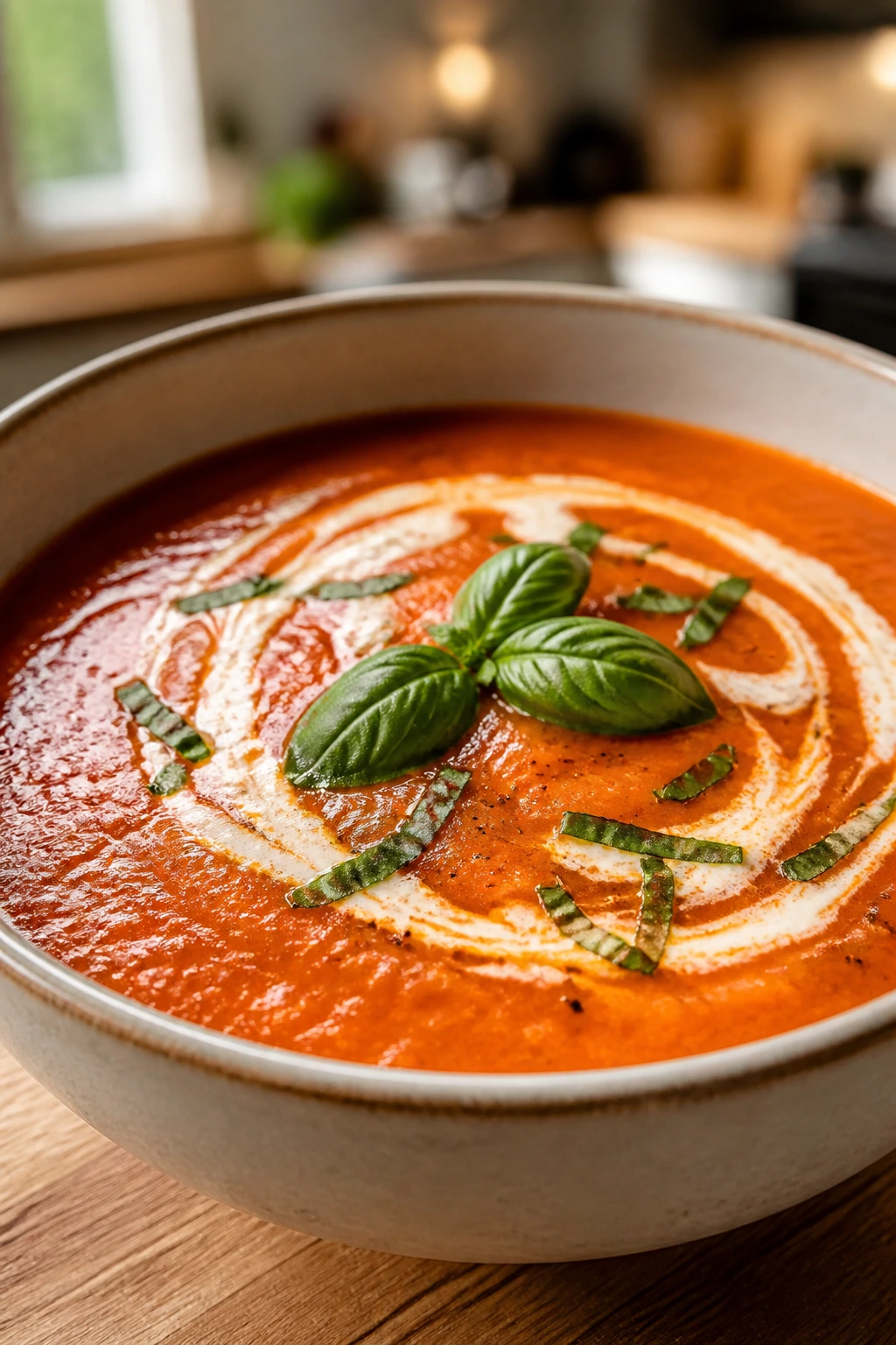 Creamy tomato basil soup in a bowl with cream swirl and basil