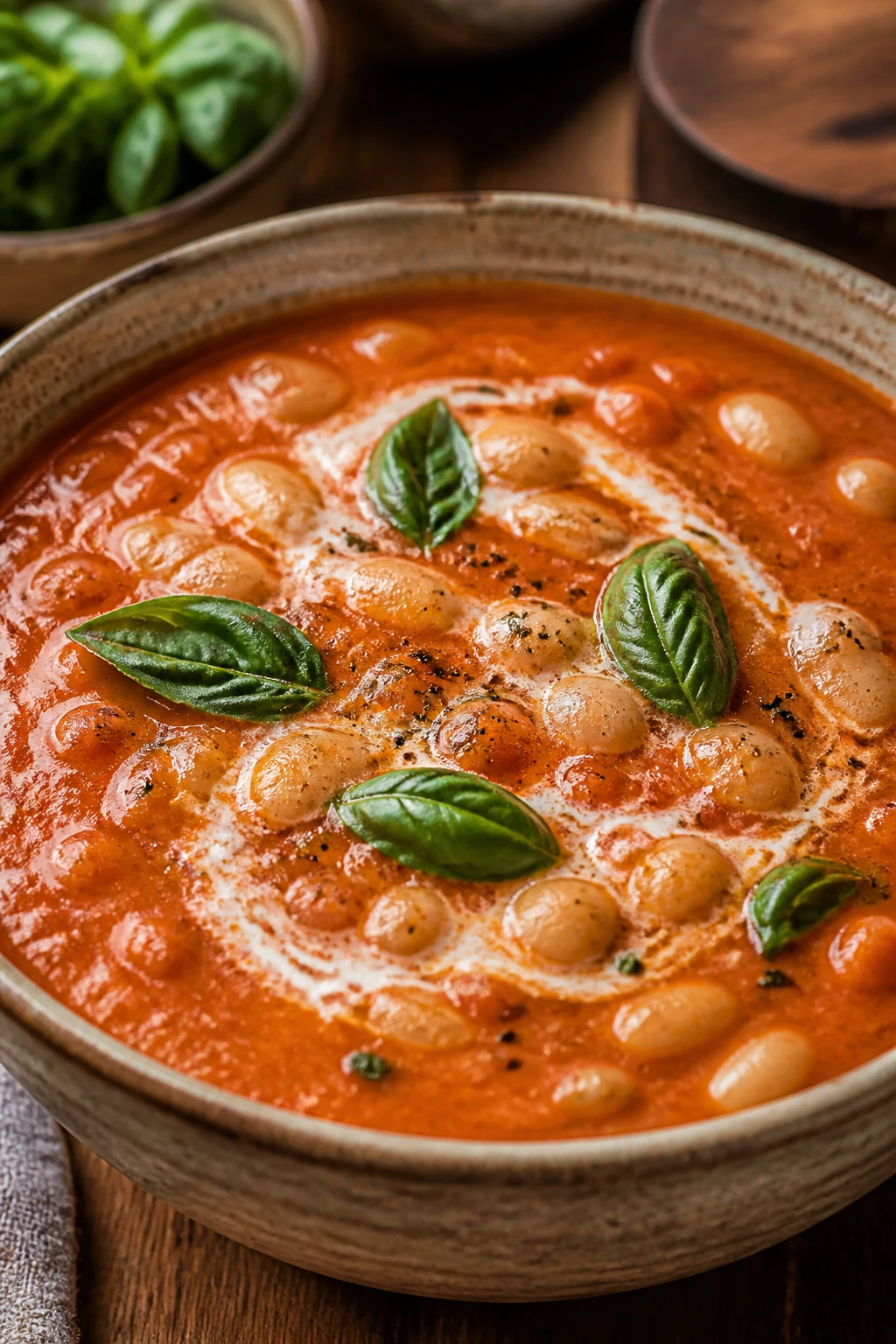Close-up of Creamy Tomato Basil Soup with White Beans in a rustic bowl with basil