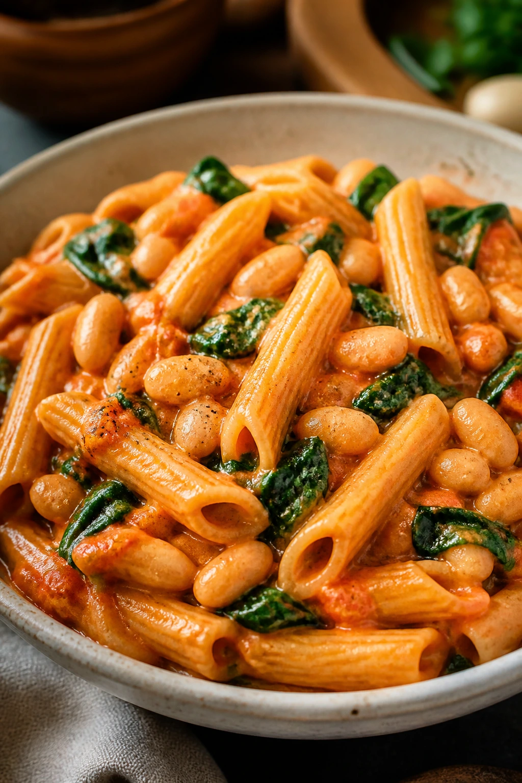Bowl of creamy tomato pasta with spinach and white beans