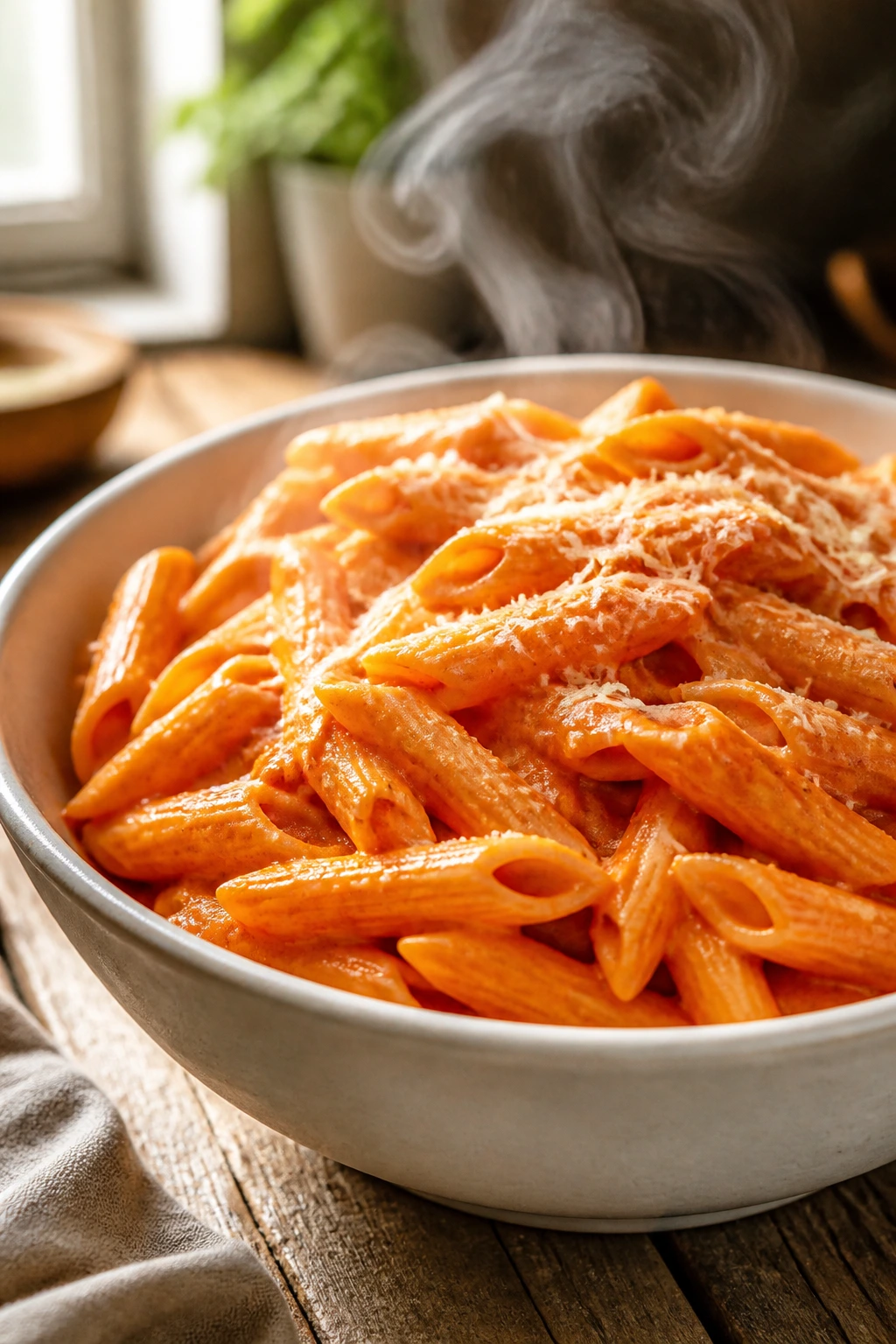 Close-up of creamy tomato pasta with carrot sauce on penne in a bowl.