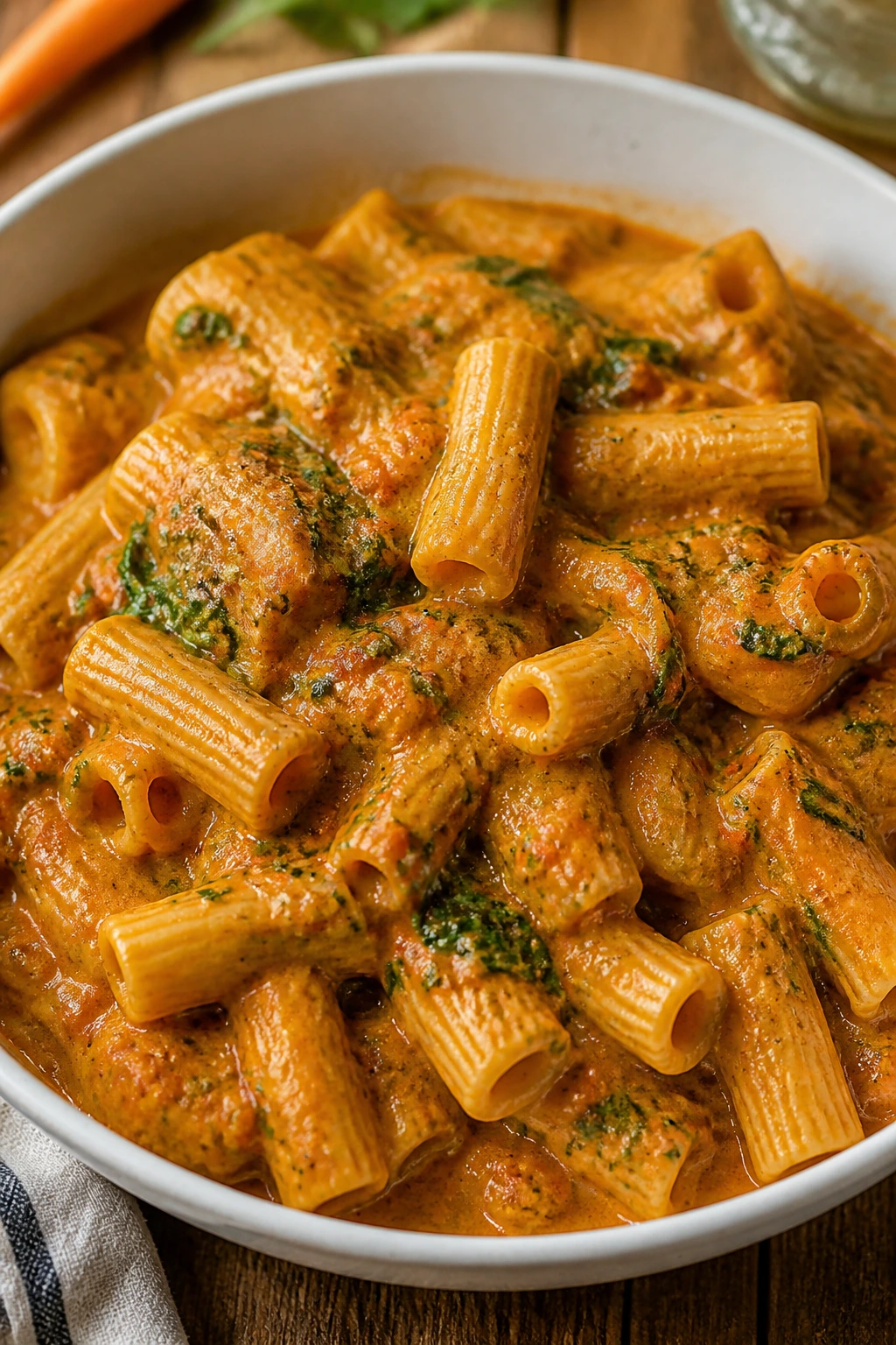 Creamy tomato pasta with hidden vegetables and spinach