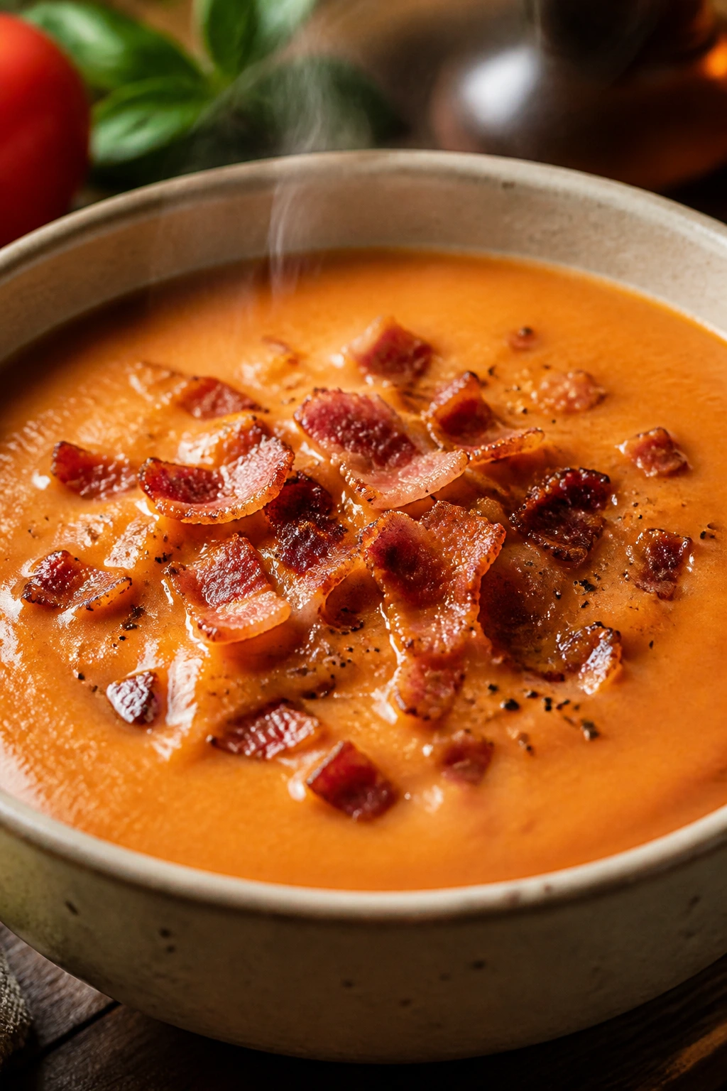 Creamy tomato soup with bacon bits on top in a bowl