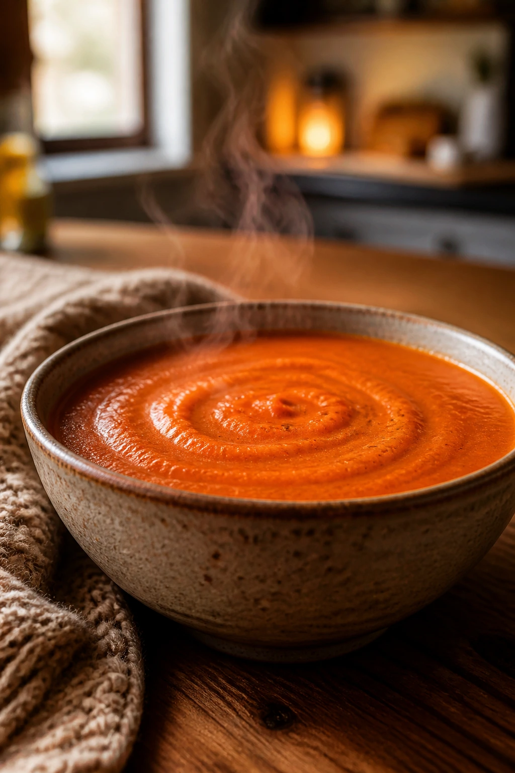 Close-up of a steaming bowl of creamy tomato soup on a warm wooden table in a cozy kitchen