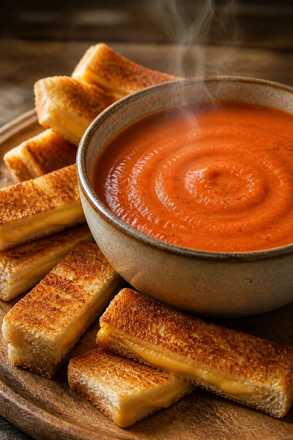 Creamy tomato soup in a bowl with grilled cheese sticks on a wooden table