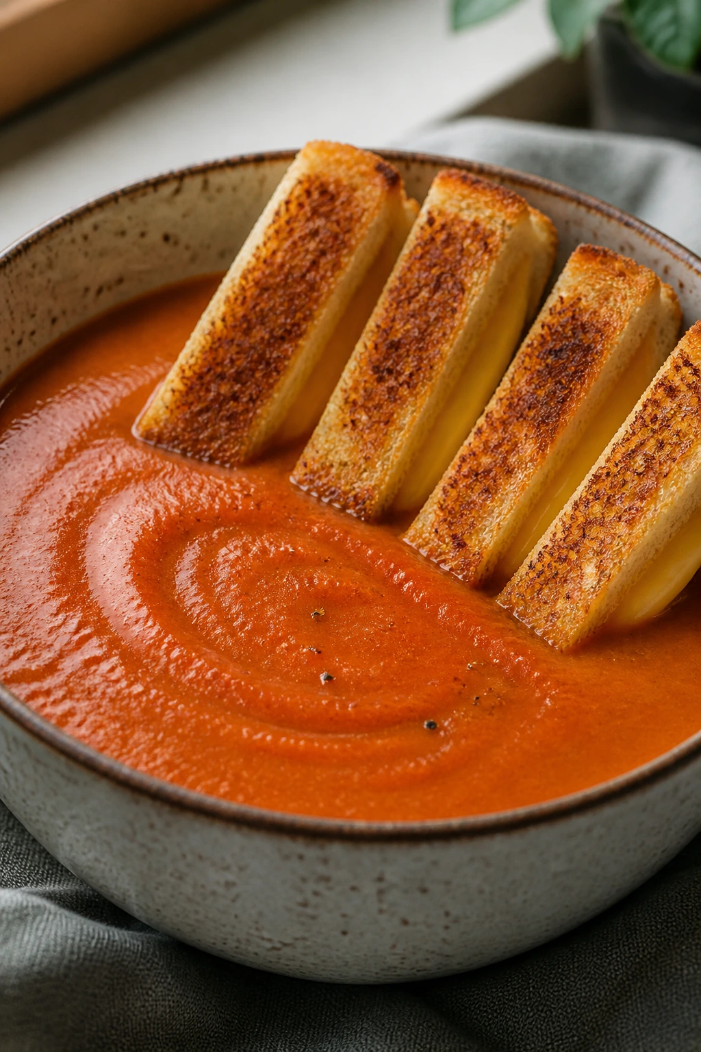Creamy tomato soup with grilled cheese soldiers in a bowl for dipping