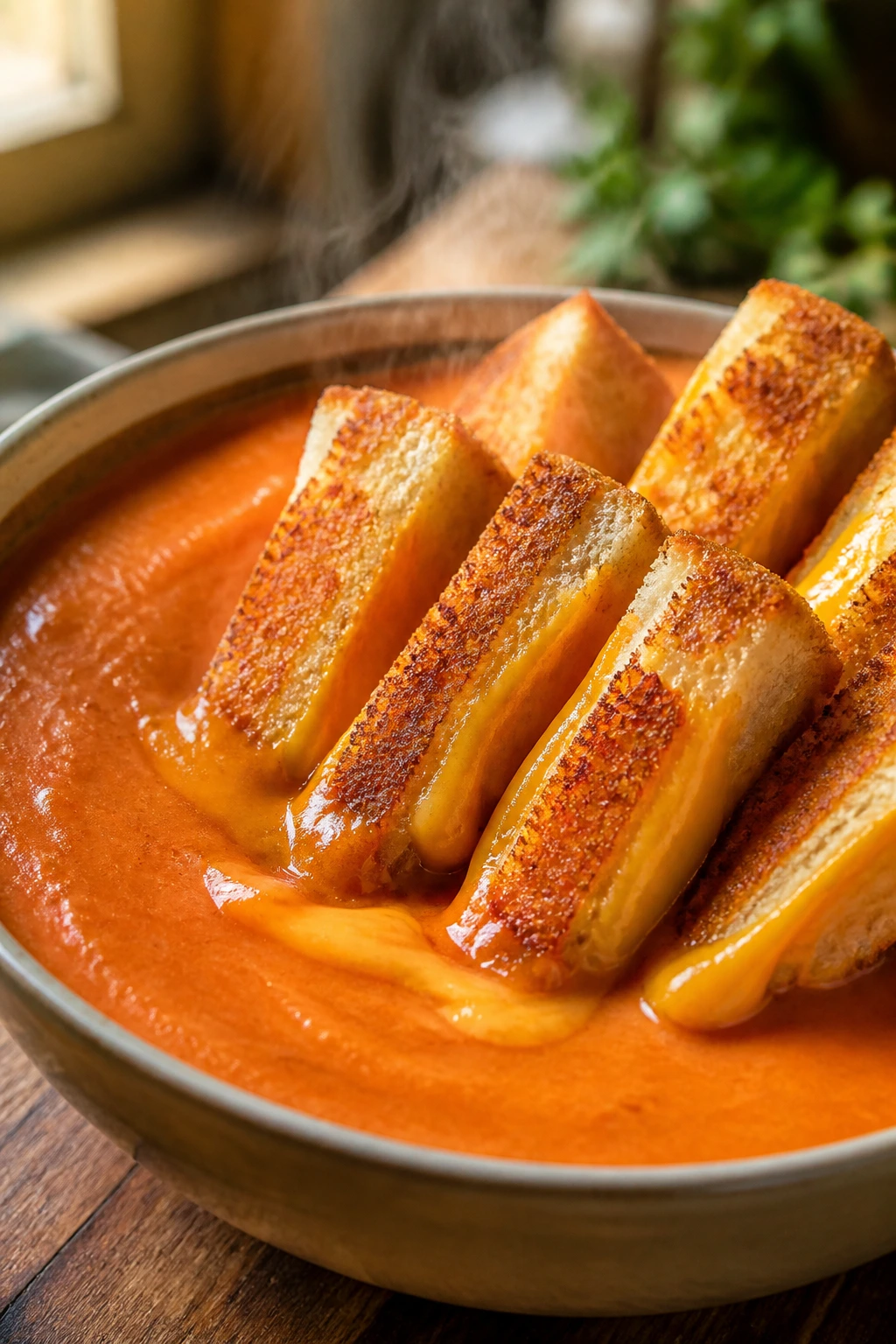 Close-up of creamy tomato soup in a bowl with grilled cheese dippers on a wooden table, cozy kitchen lighting