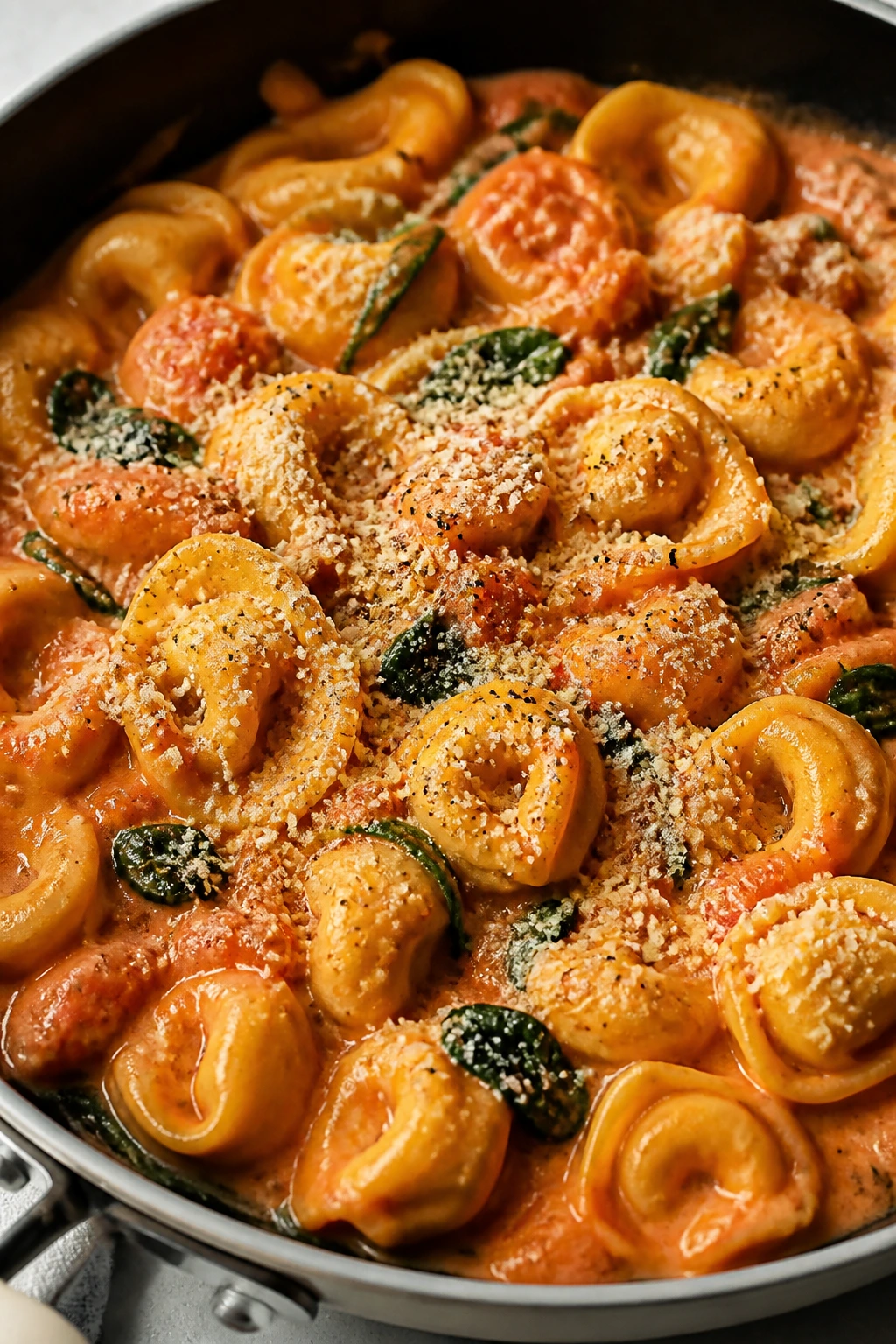 Close-up of tortellini in creamy tomato sauce with spinach