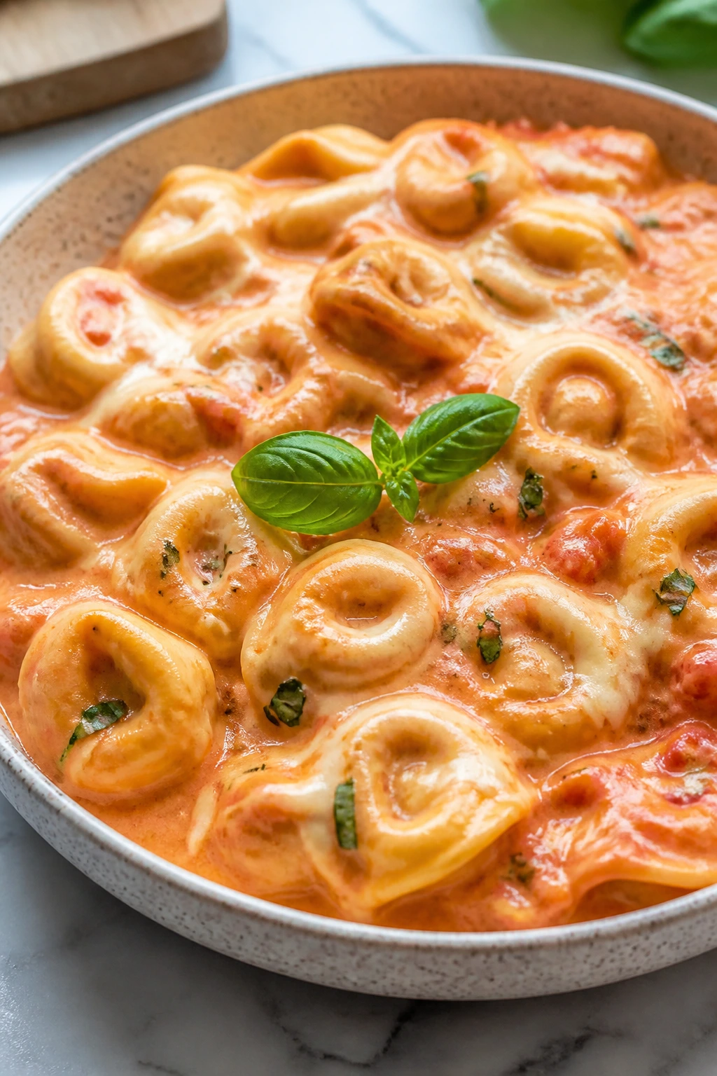 Close-up of creamy pink tortellini in a bowl