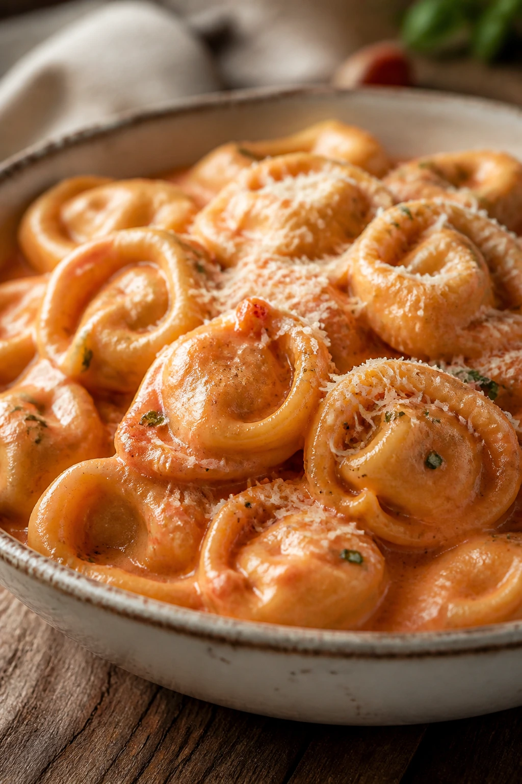 Creamy tomato tortellini in a bowl with parmesan on a rustic table