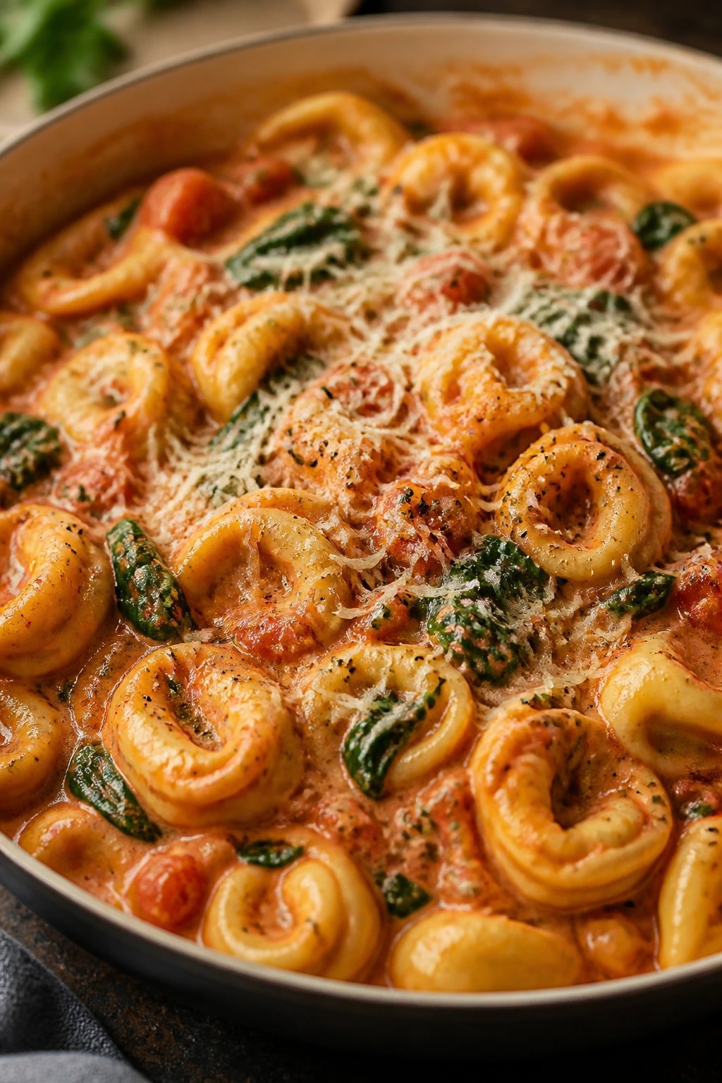 Creamy tomato tortellini with spinach and Parmesan