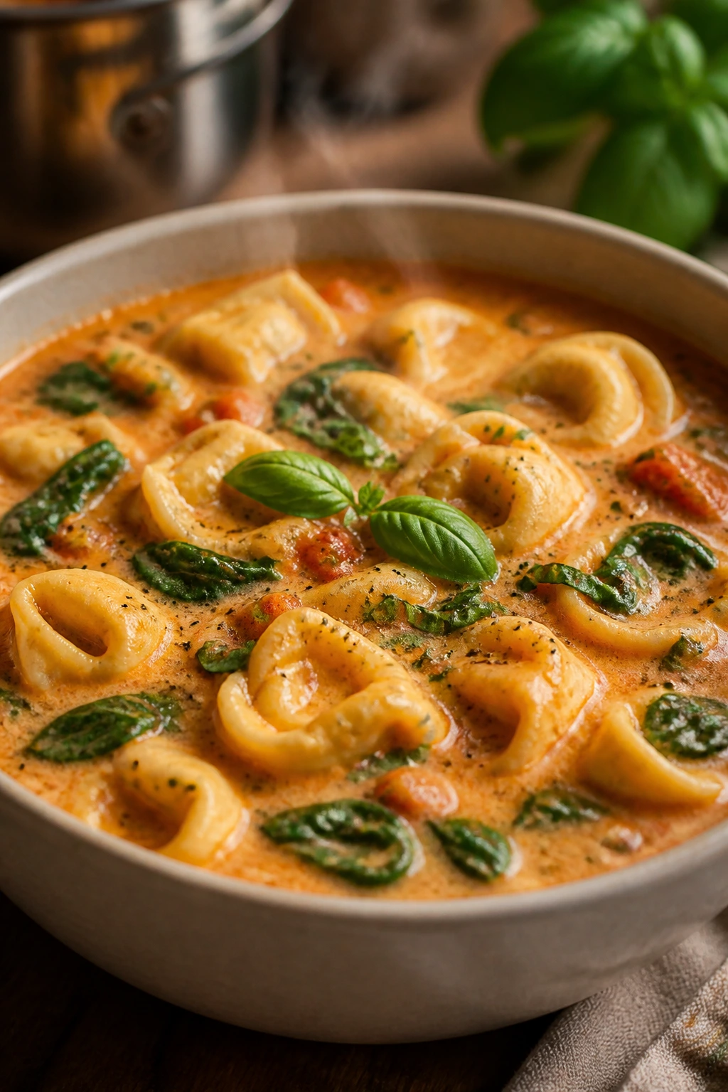 Close-up of creamy tomato tortellini soup in a bowl.