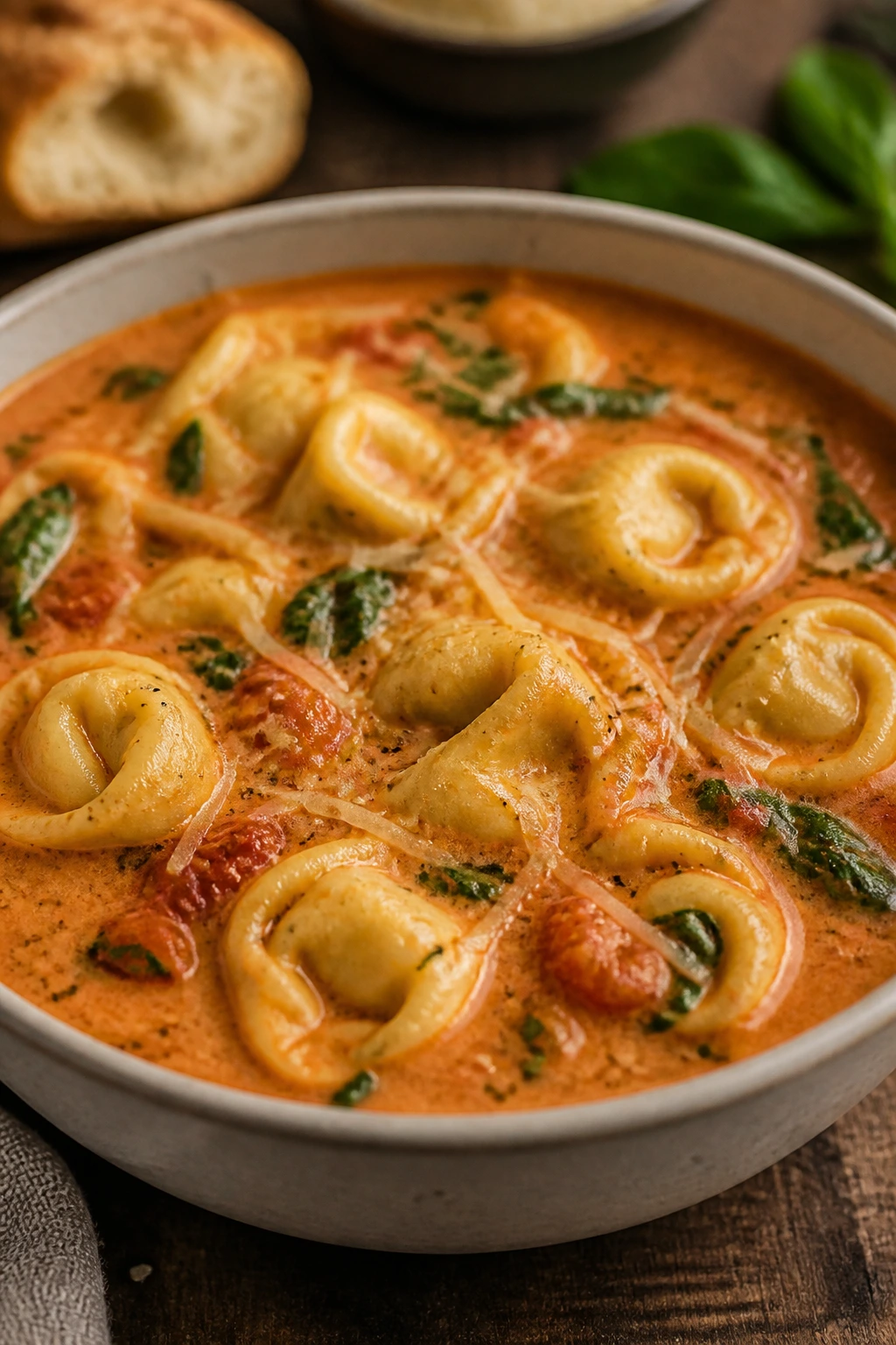 Bowl of creamy tomato tortellini soup with spinach and parmesan