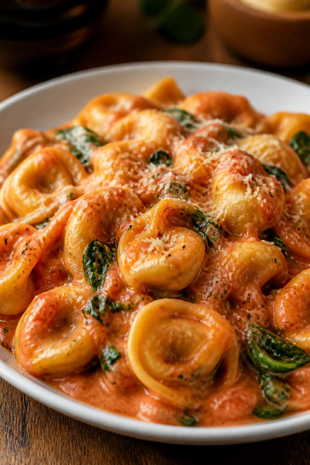 Close-up of creamy tomato tortellini with spinach on a plate
