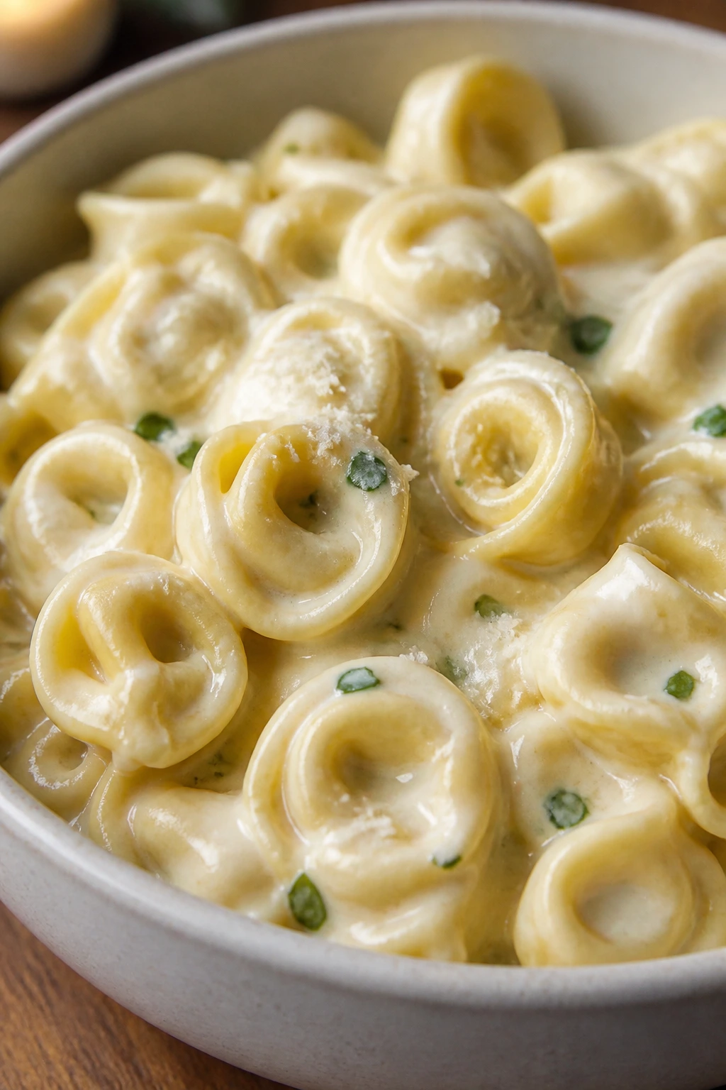 Creamy parmesan tortellini in a bowl with pale cream sauce