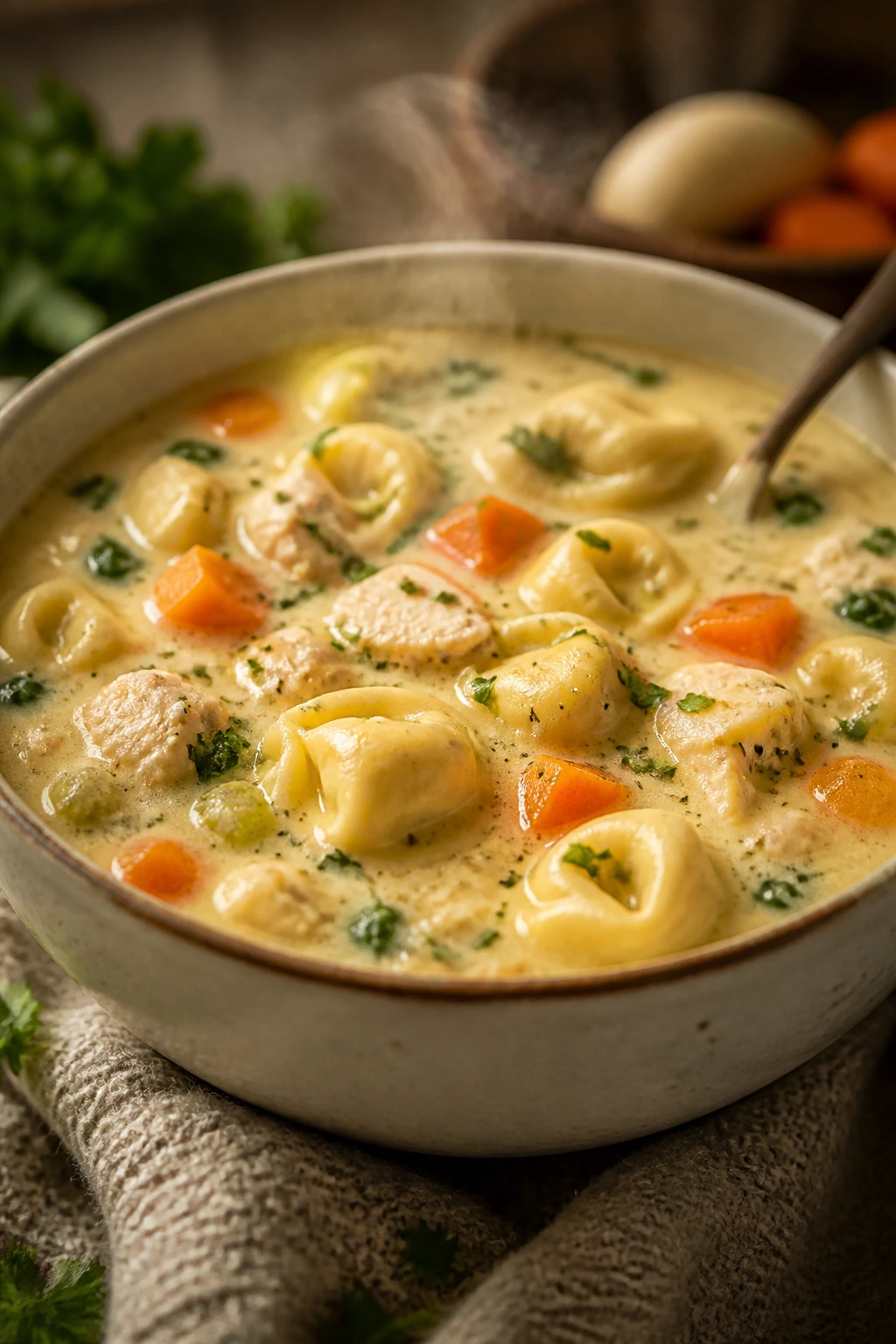 Creamy chicken tortellini soup in a bowl with vegetables