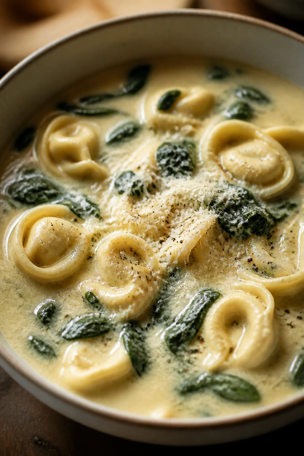 Creamy spinach tortellini soup in a bowl with parmesan