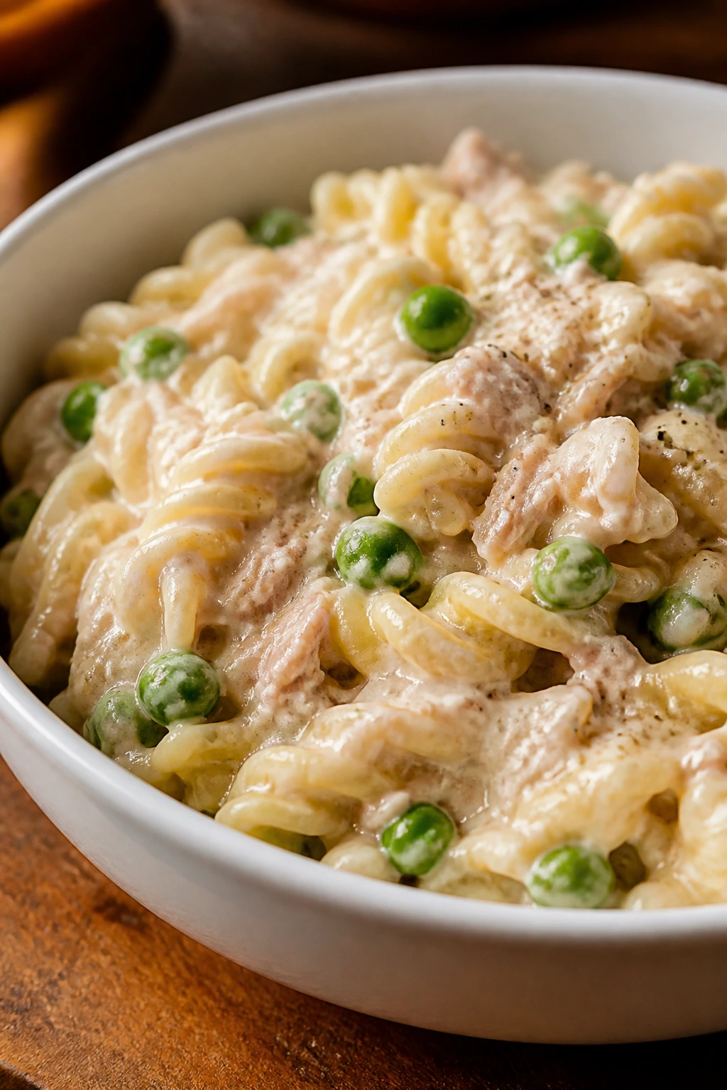 Close-up of creamy tuna pasta with peas in a bowl on a warm kitchen table