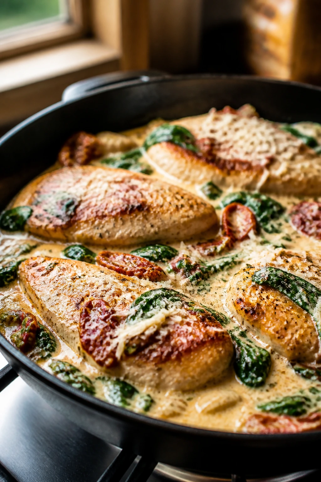 Close-up of creamy Tuscan chicken with sun-dried tomatoes