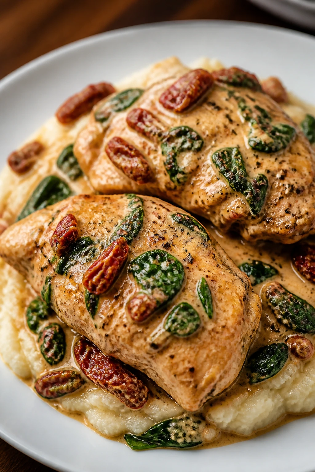 Close-up of Creamy Tuscan Chicken with sun-dried tomatoes and spinach