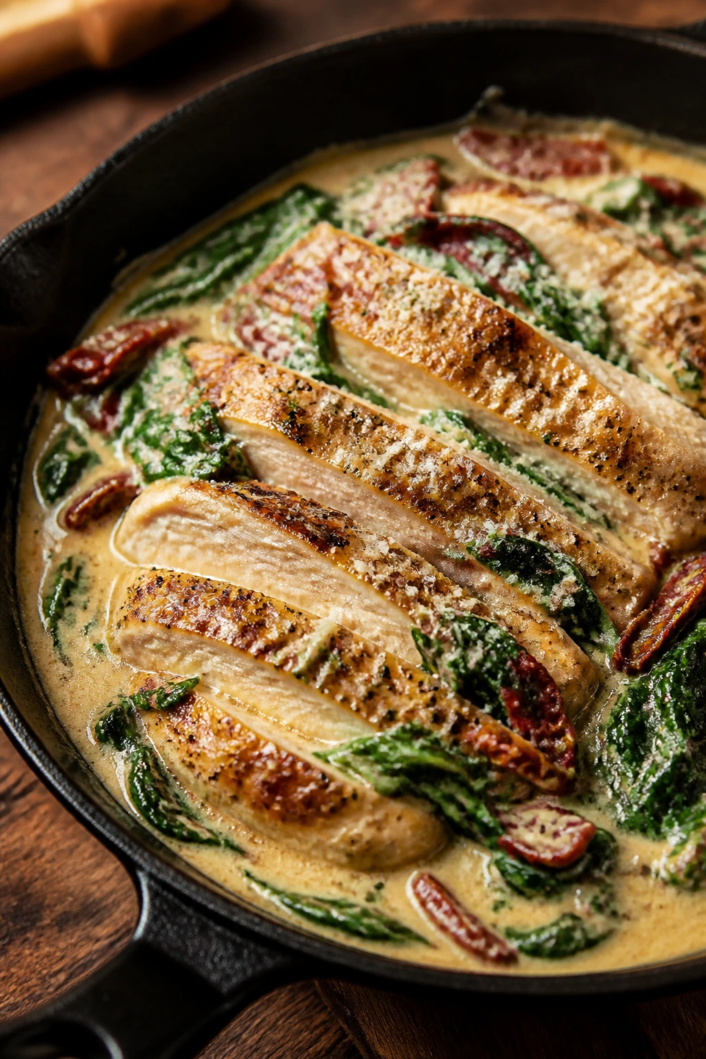 Close-up of creamy Tuscan chicken with spinach and sun-dried tomatoes