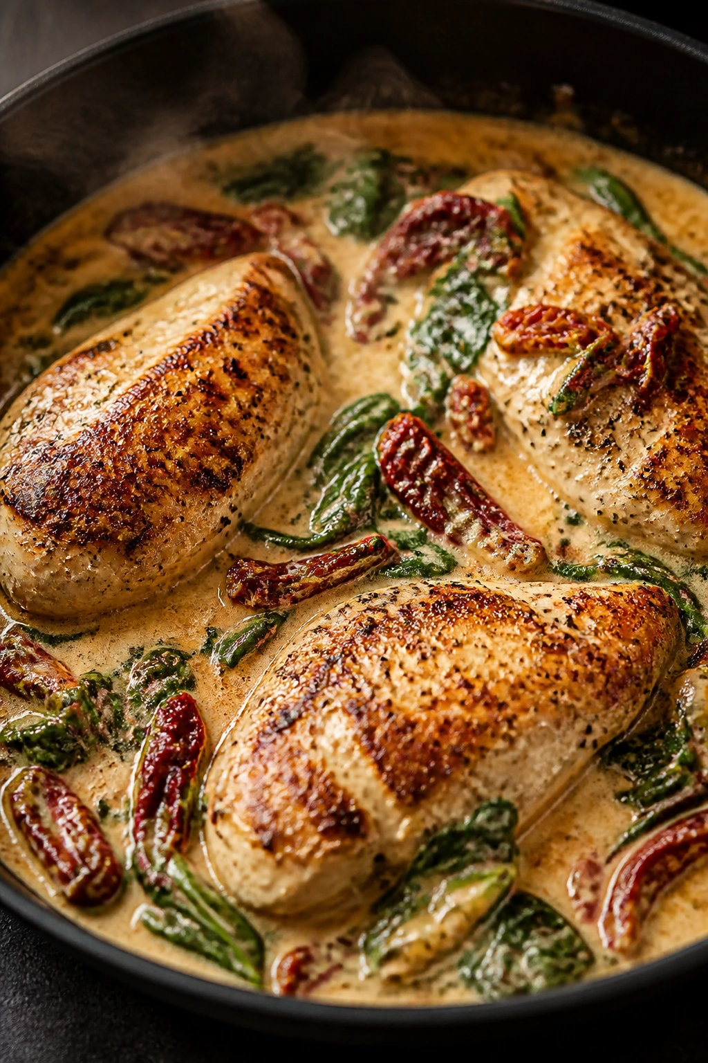 Creamy Tuscan chicken with spinach in a skillet