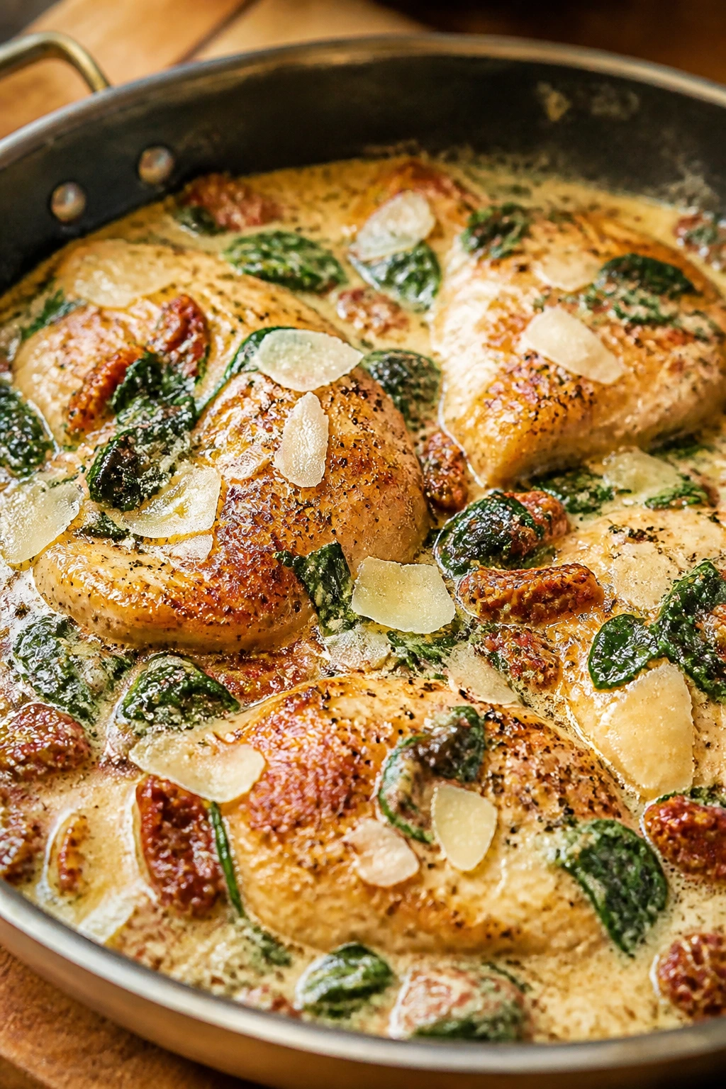 Close-up of creamy Tuscan chicken with spinach in a skillet