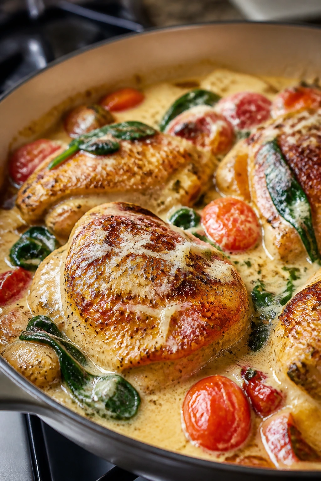 Creamy Tuscan chicken thigh in creamy sauce with tomatoes and spinach