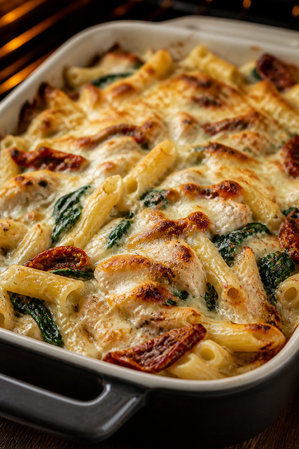 Creamy Tuscan chicken pasta bake with sun-dried tomatoes and spinach