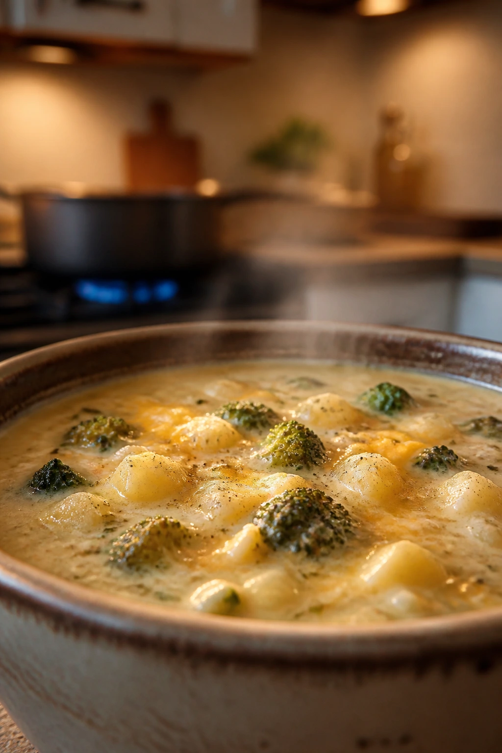 Creamy soup in a bowl on a weeknight kitchen stove