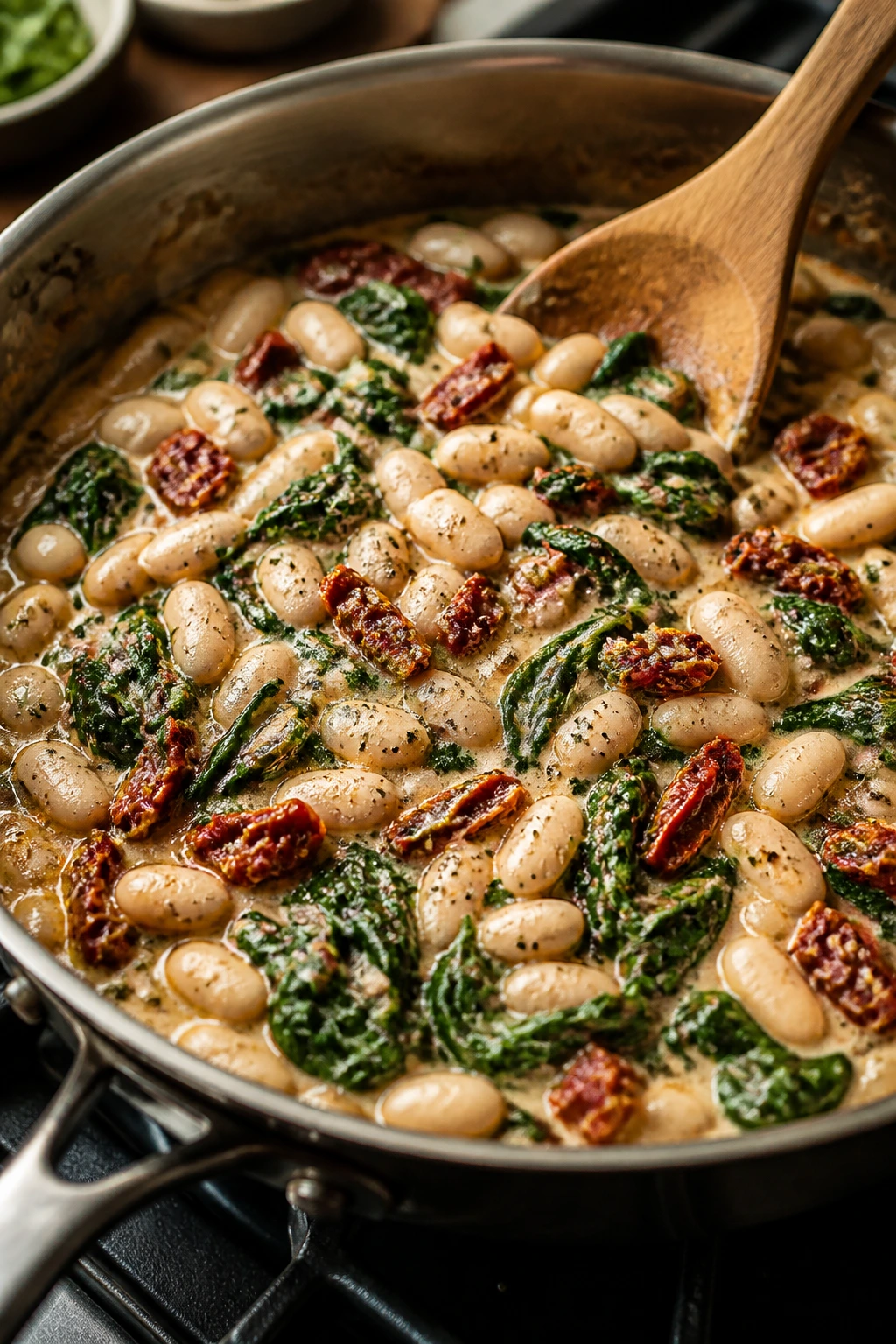 Creamy white beans with spinach and sun-dried tomatoes in a skillet