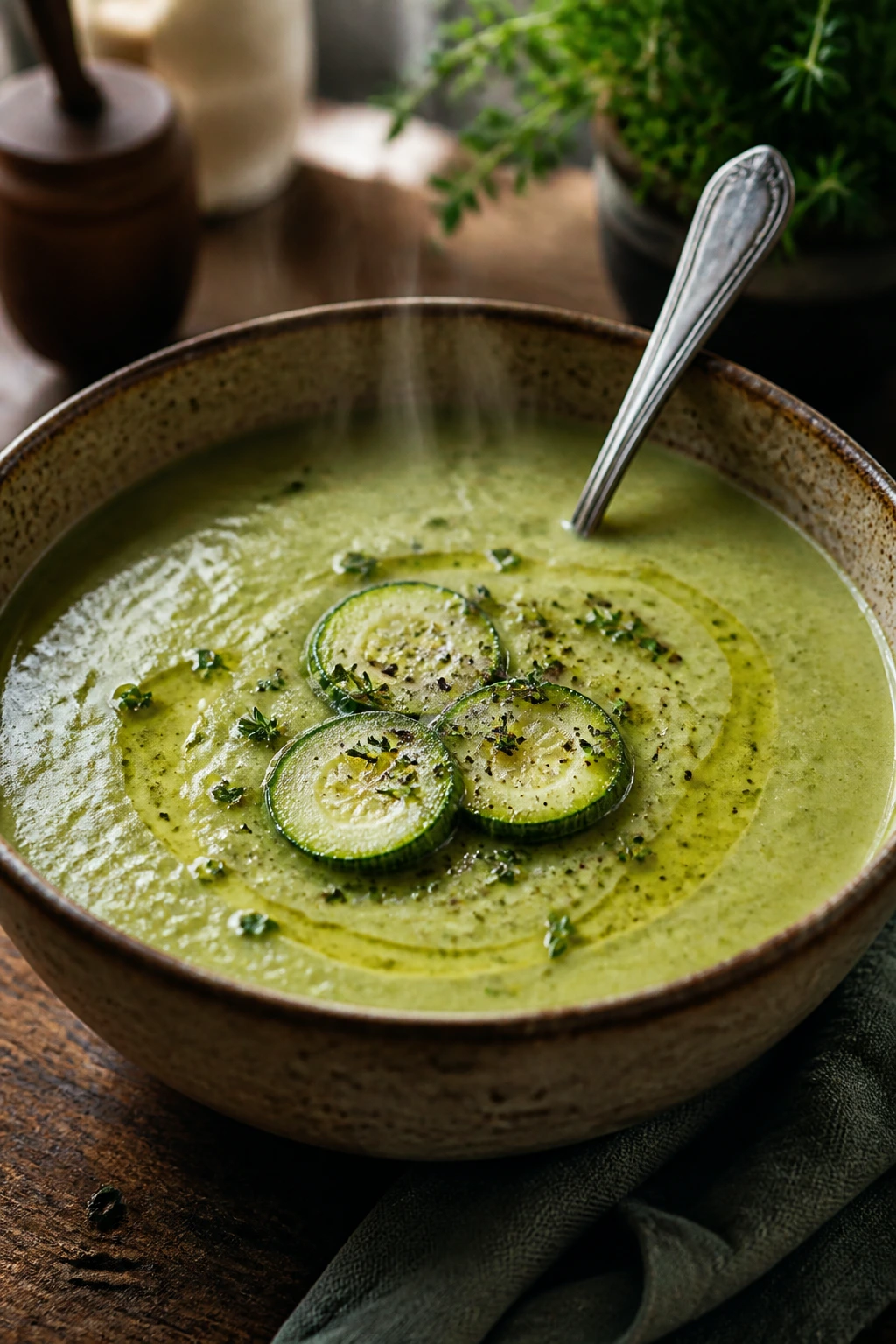 Creamy zucchini soup in a comforting bowl