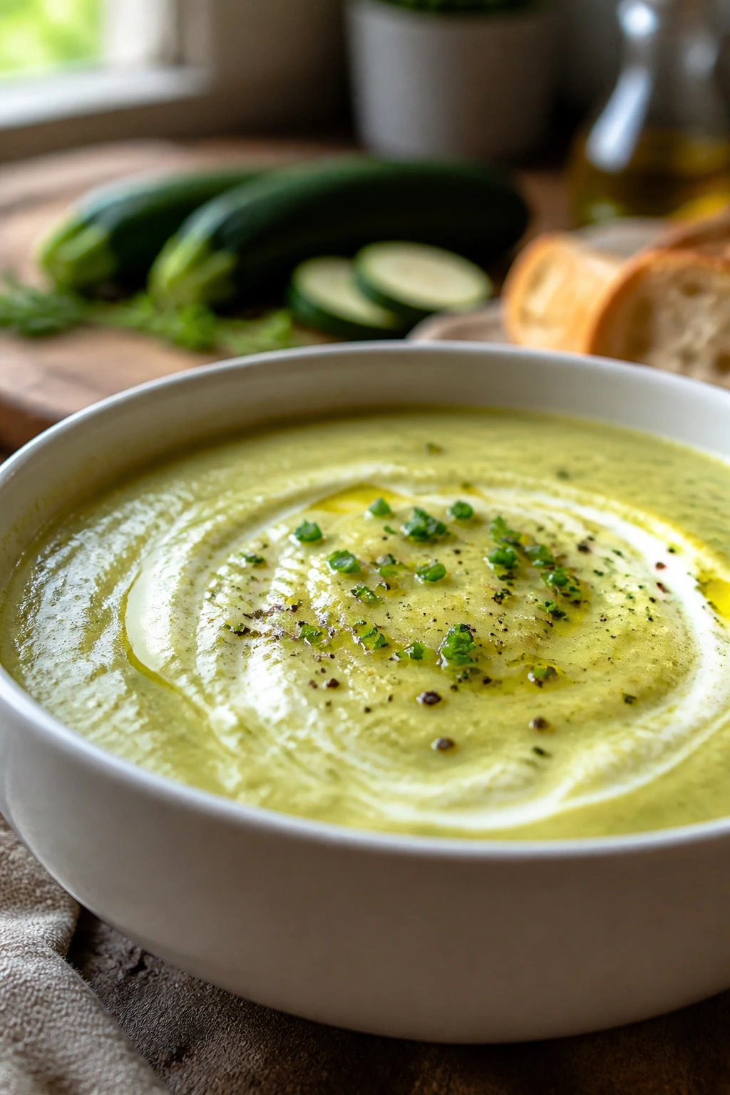 Creamy zucchini soup in a white bowl on a wooden table