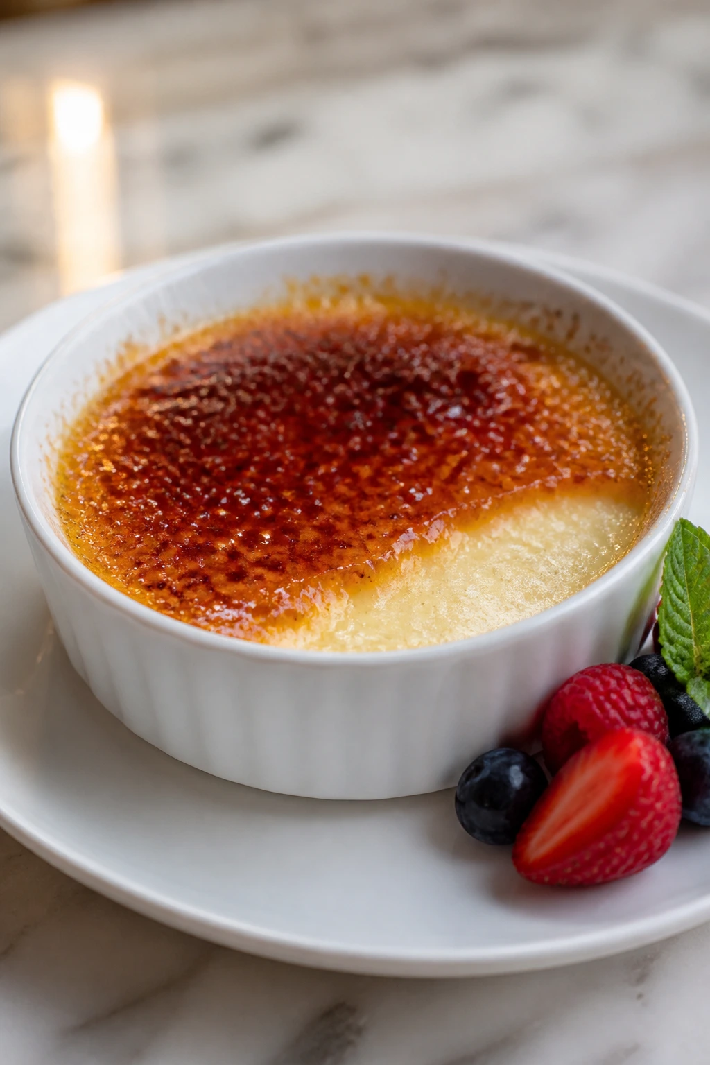 Close-up of Vanilla Bean Crème Brûlée with Berries in a ramekin with caramelized top and berries