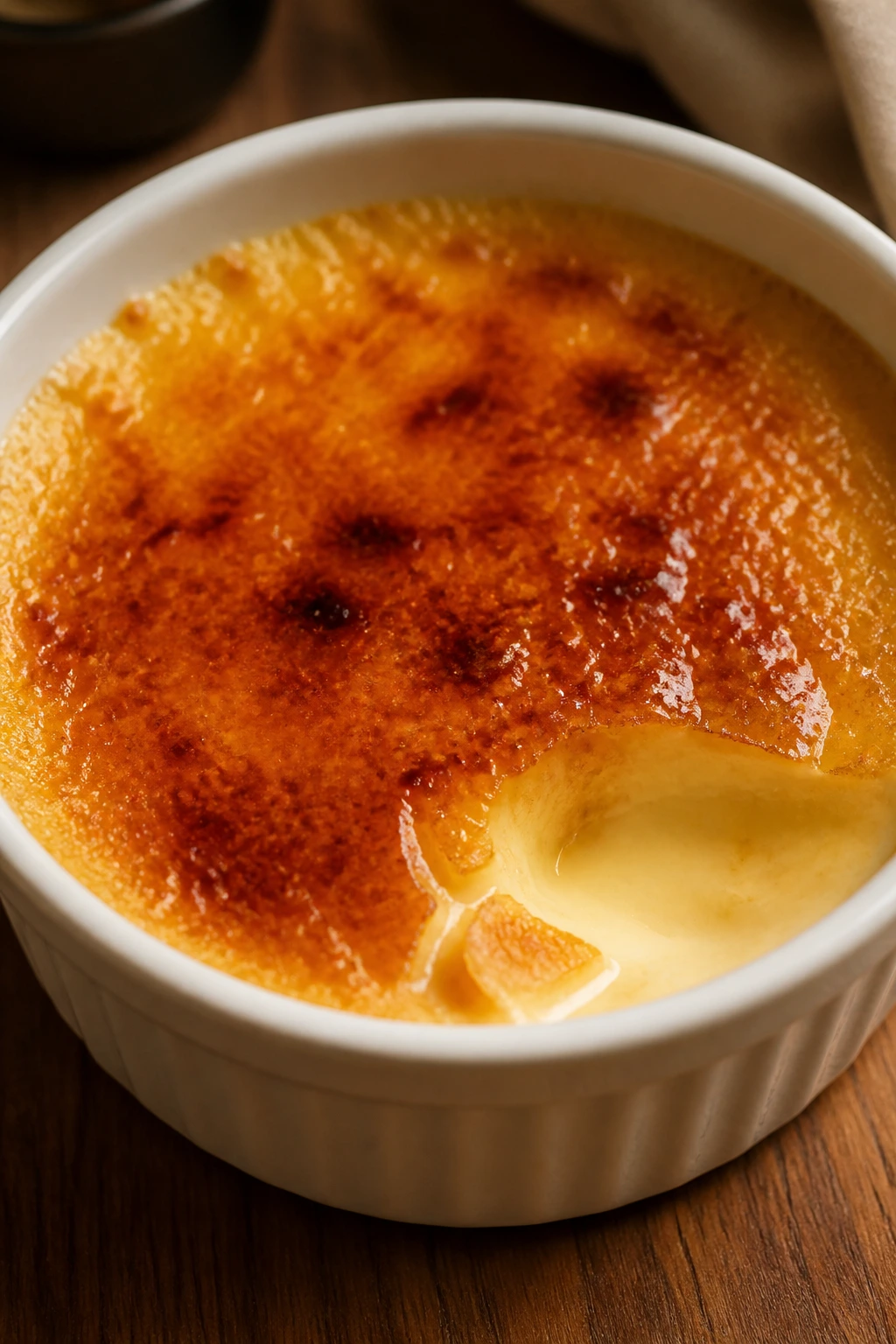 Crème brûlée in ramekin with caramelized top