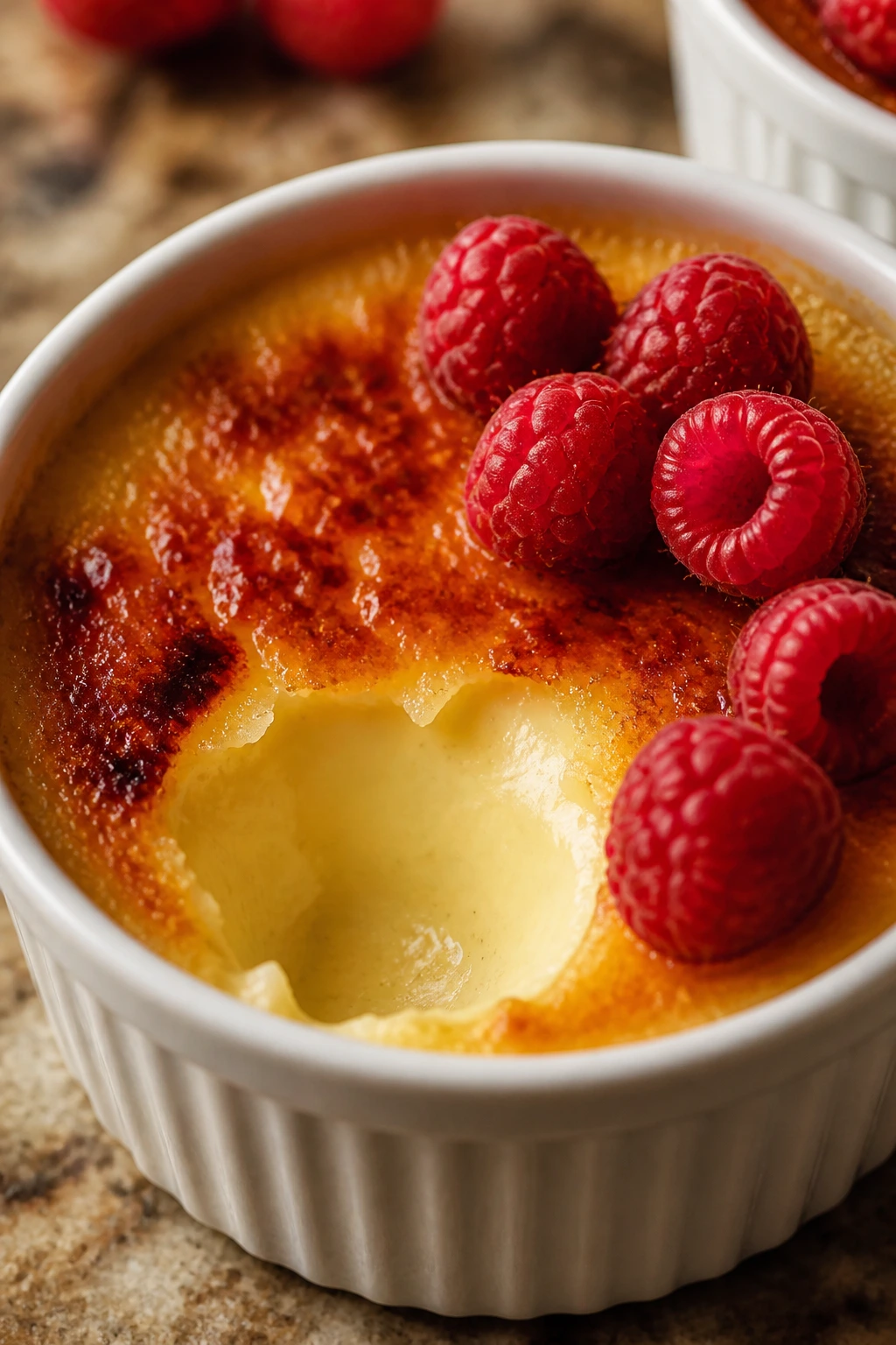 Creme brulee in ramekin with raspberries and caramelized top
