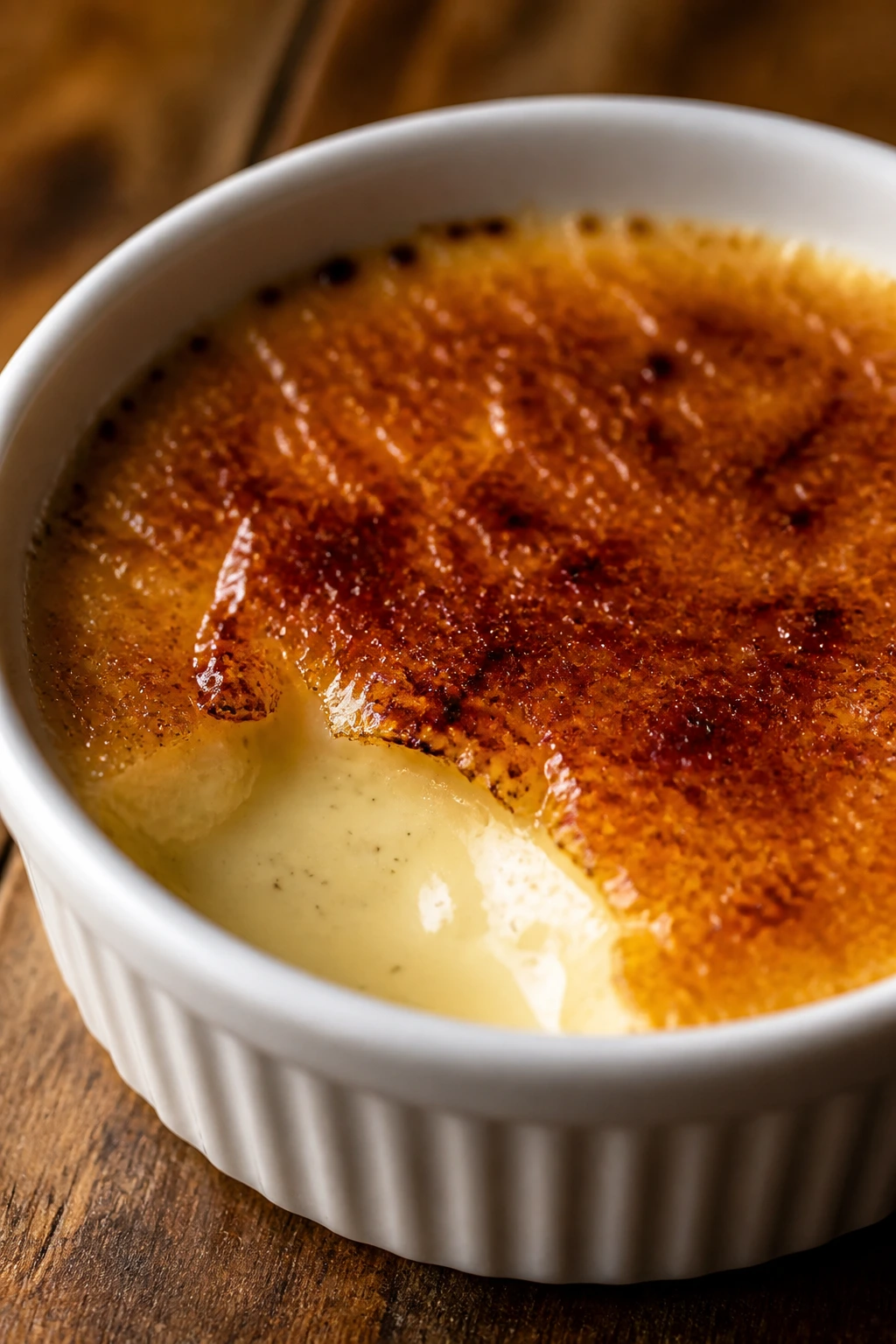 Close-up of Vanilla Bean Creme Brulee with caramel top on a wooden table