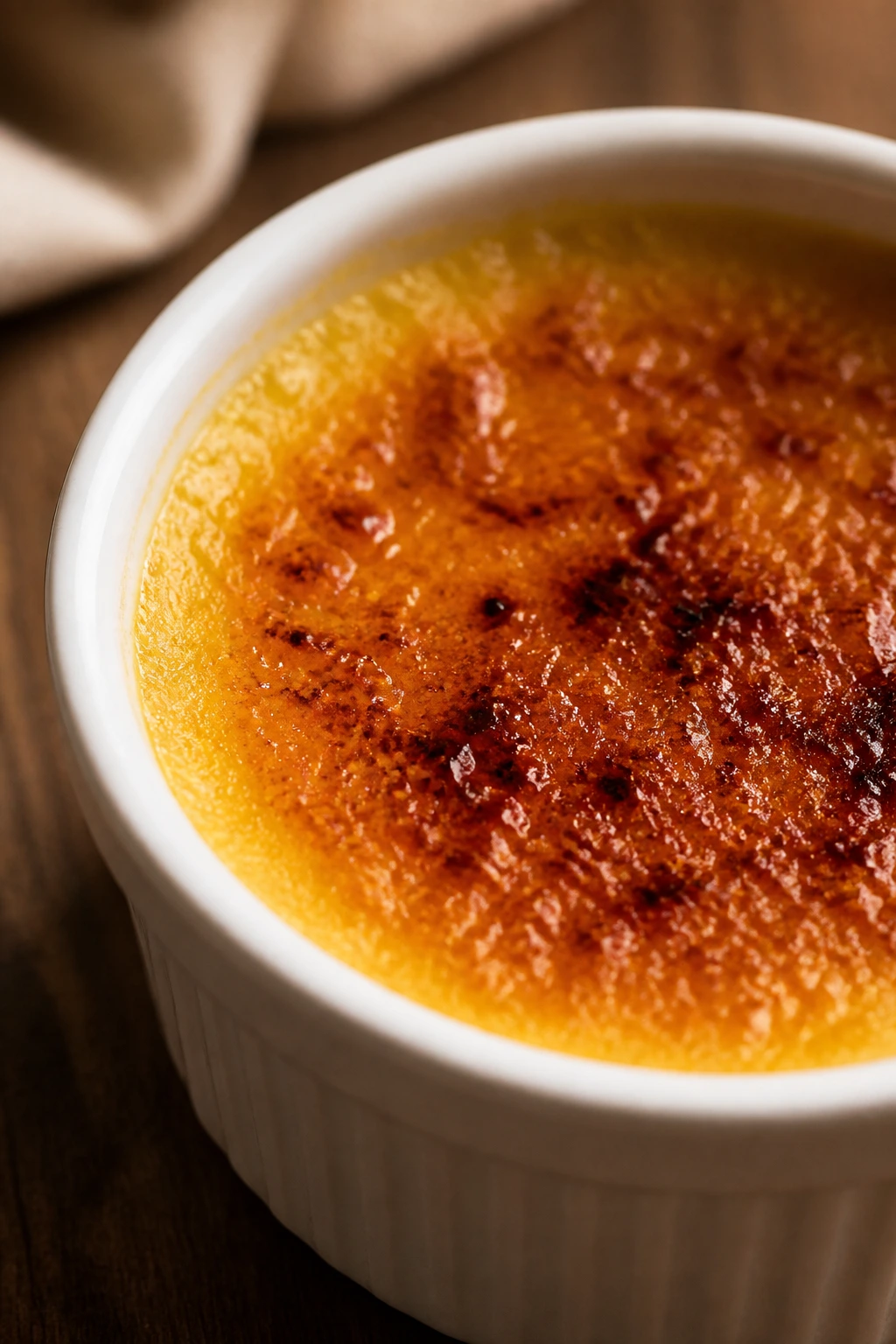 Crème brûlée ramekin with crackly sugar top