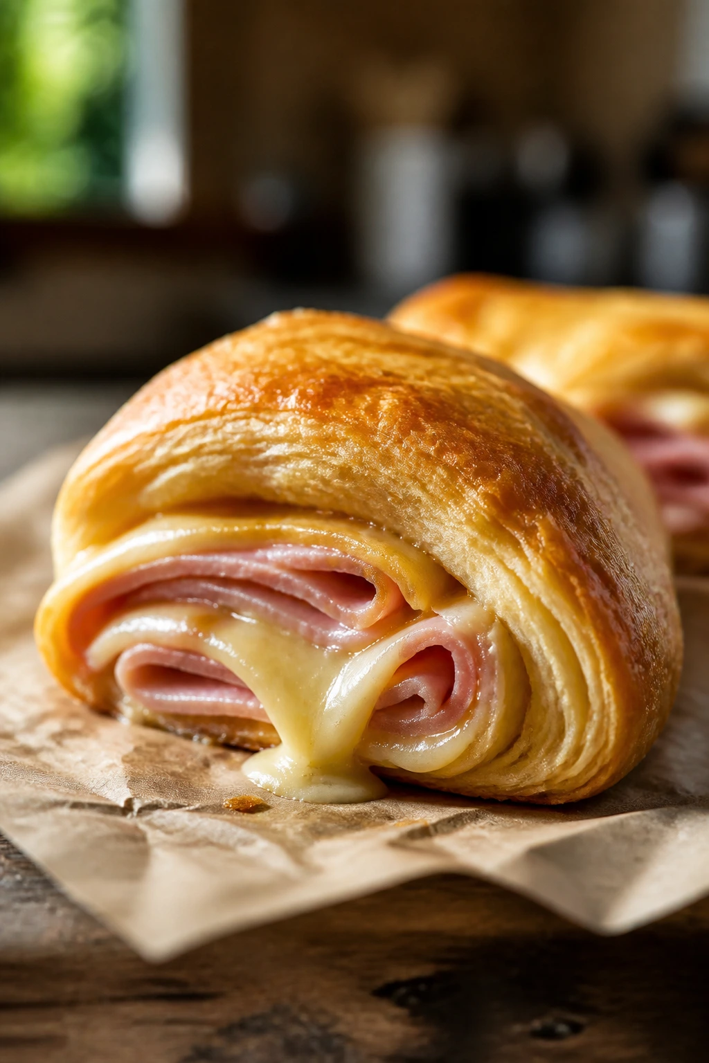 Close-up of a flaky ham and cheese crescent roll-up on parchment in a cozy kitchen