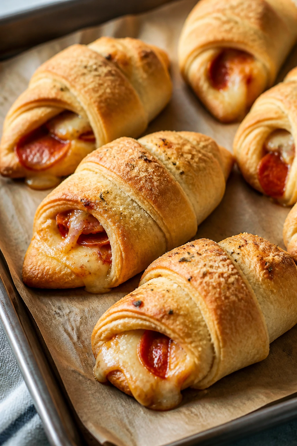 Close-up of baked crescent roll pizza pockets on parchment