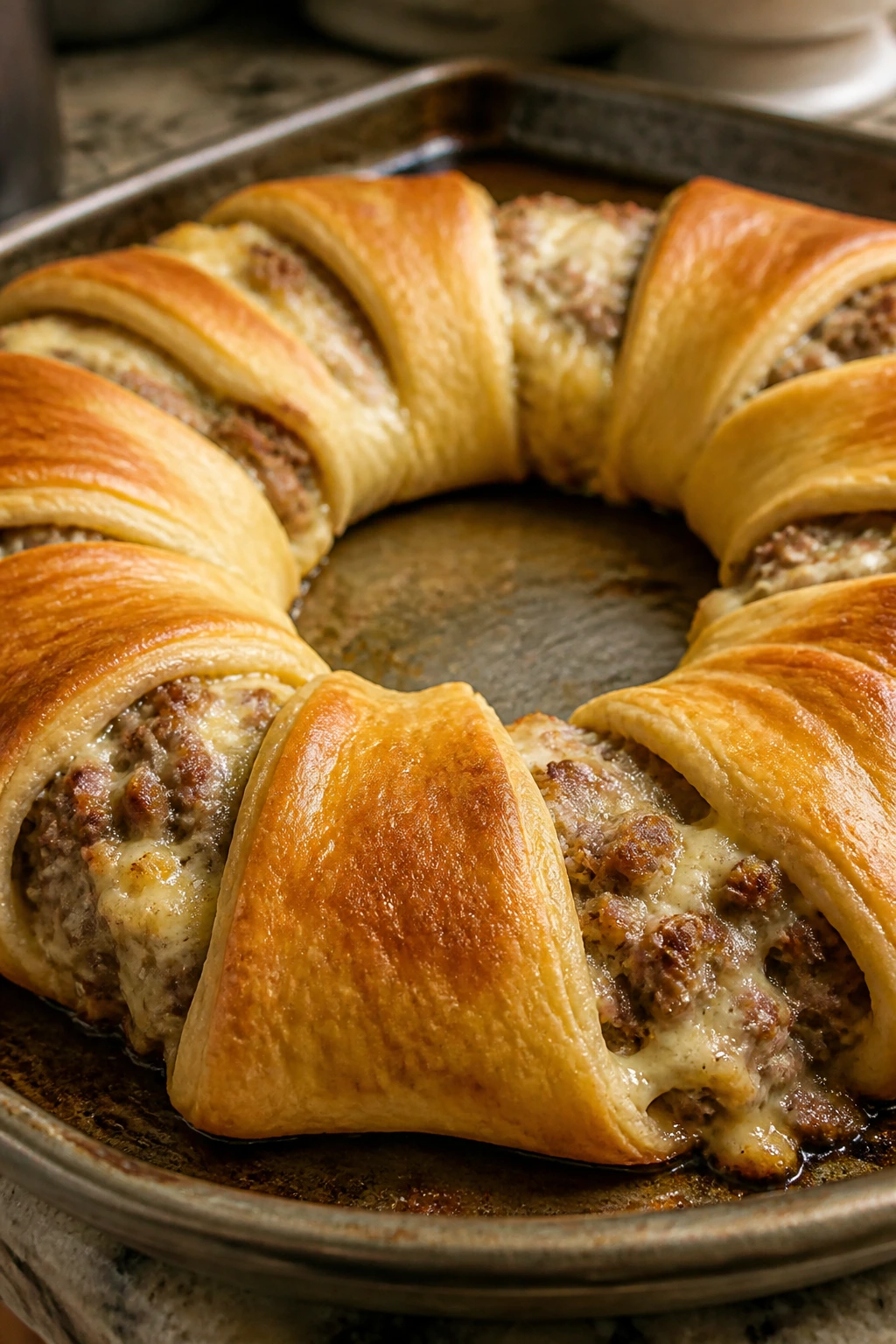 Close-up of a sausage crescent ring on a plate