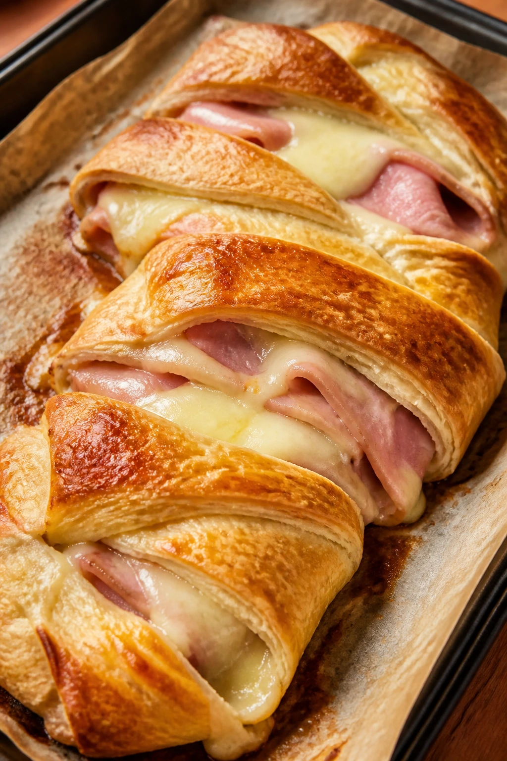 Golden ham and Swiss crescent roll bake on parchment
