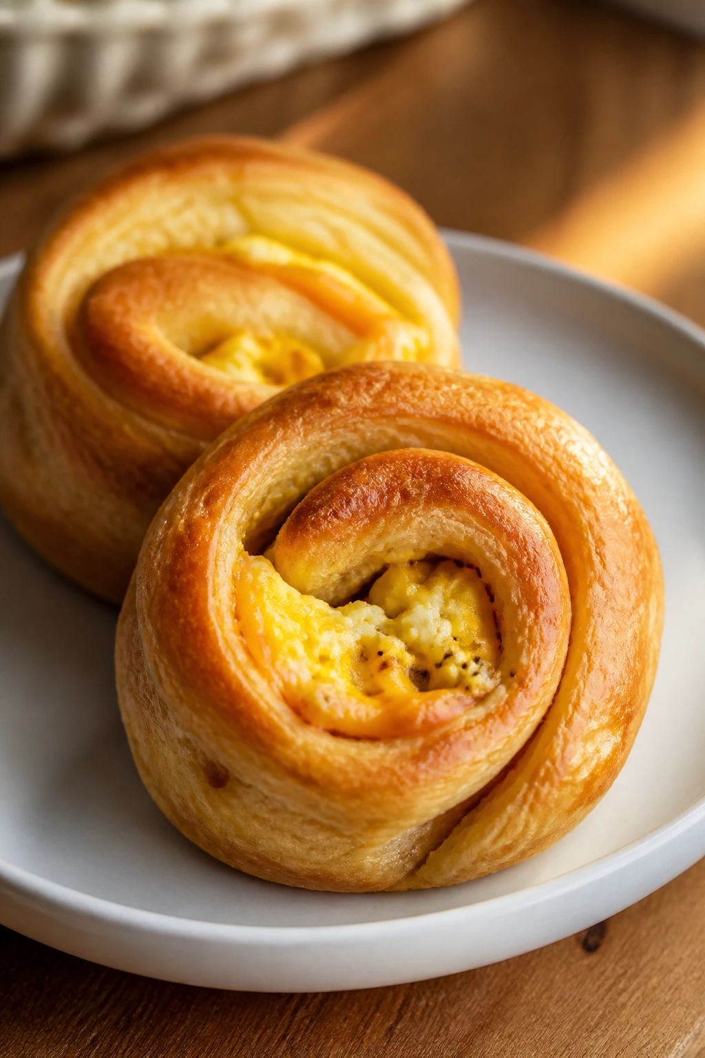 Close-up of crescent roll egg and cheese wraps on a plate