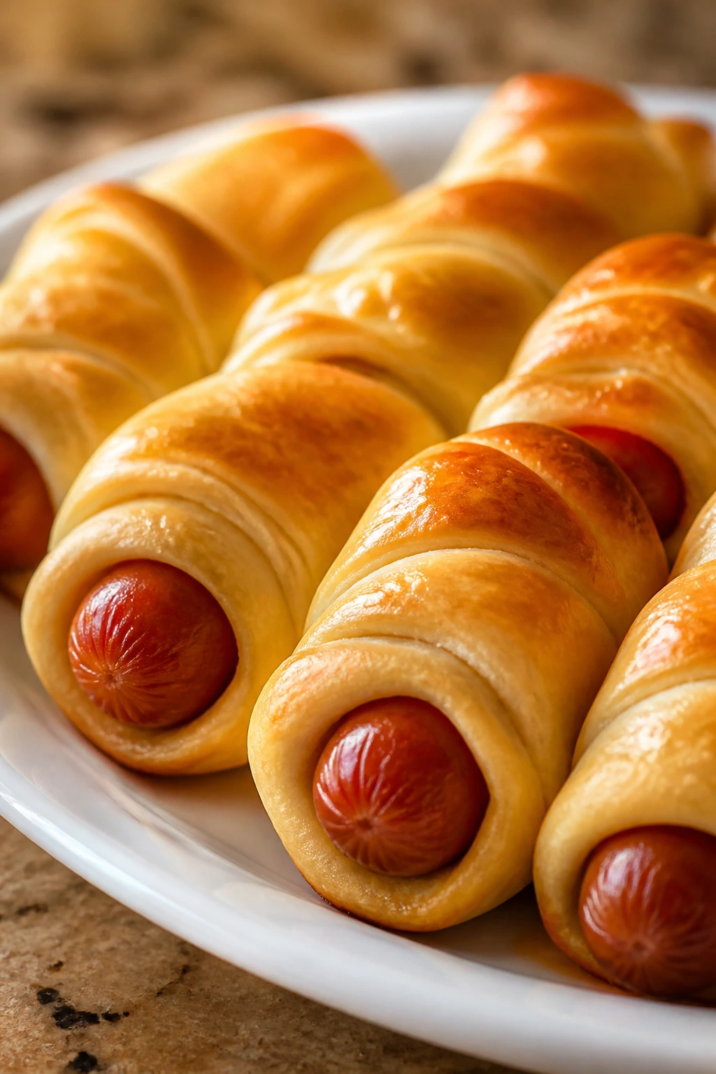 Close-up of crescent-wrapped pigs in a blanket on a plate
