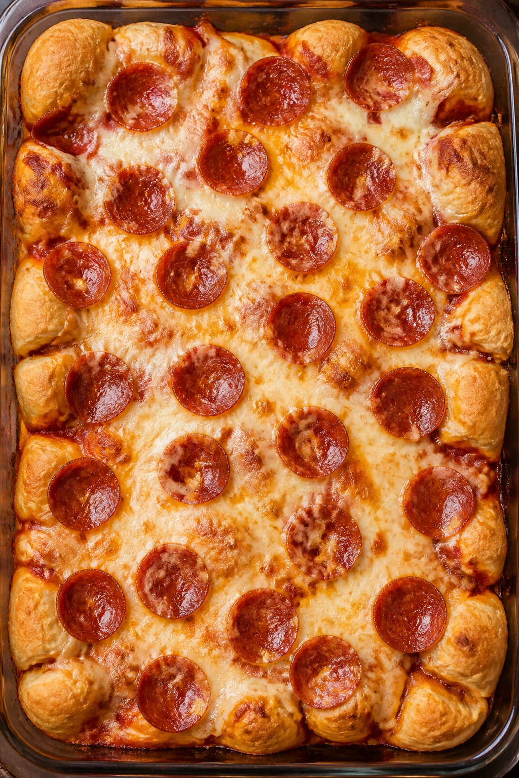 Crescent roll pizza bake in a 9x13 pan with melted cheese and pepperoni