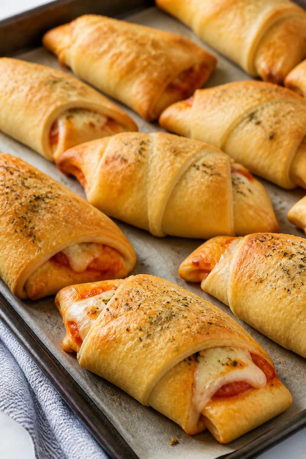 Close-up of crescent roll pizza pockets on parchment in a bright kitchen