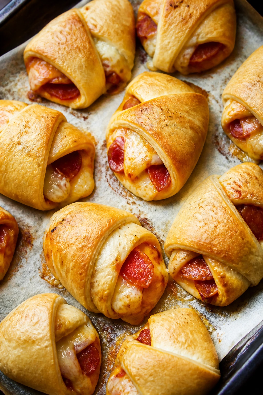 Close-up of crescent roll pizza poppers with cheese peeking out, filling the frame