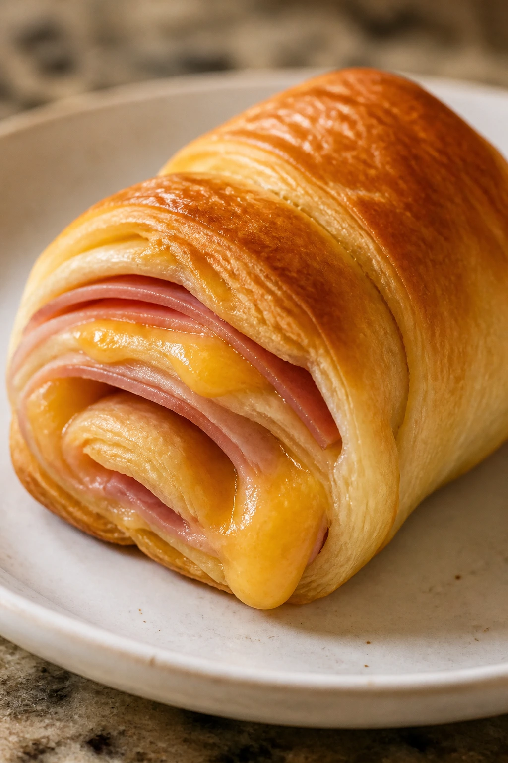Crescent roll-up with ham and cheese on plate